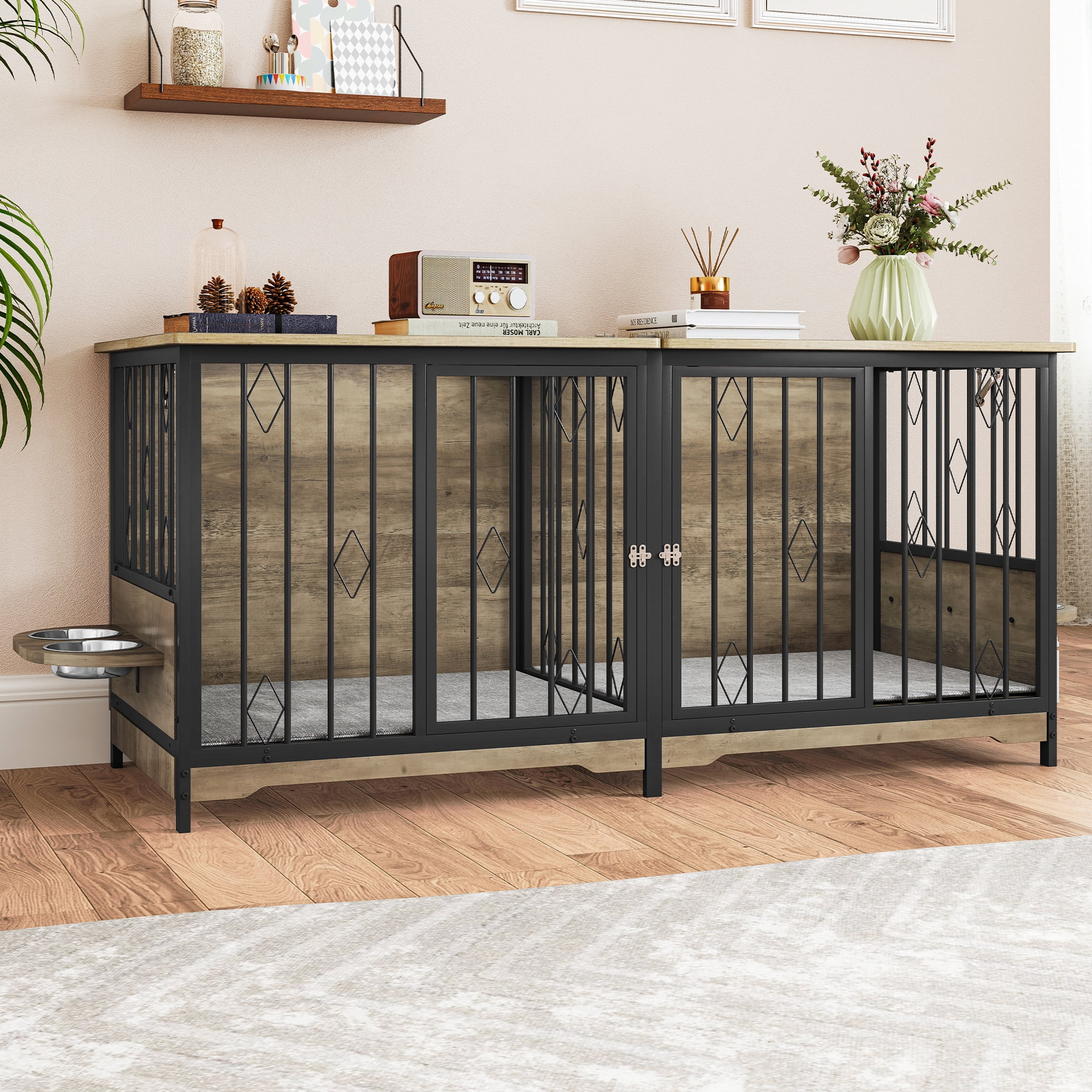 Uforic 71" Large Dog Crate Furniture, Heavy Duty Wooden Double Dog Kennel with with Removable Divider,Dog Cage with 4 Rotatable Bowls&2 Cushions, for Medium Large Dogs,Gray - Image 4