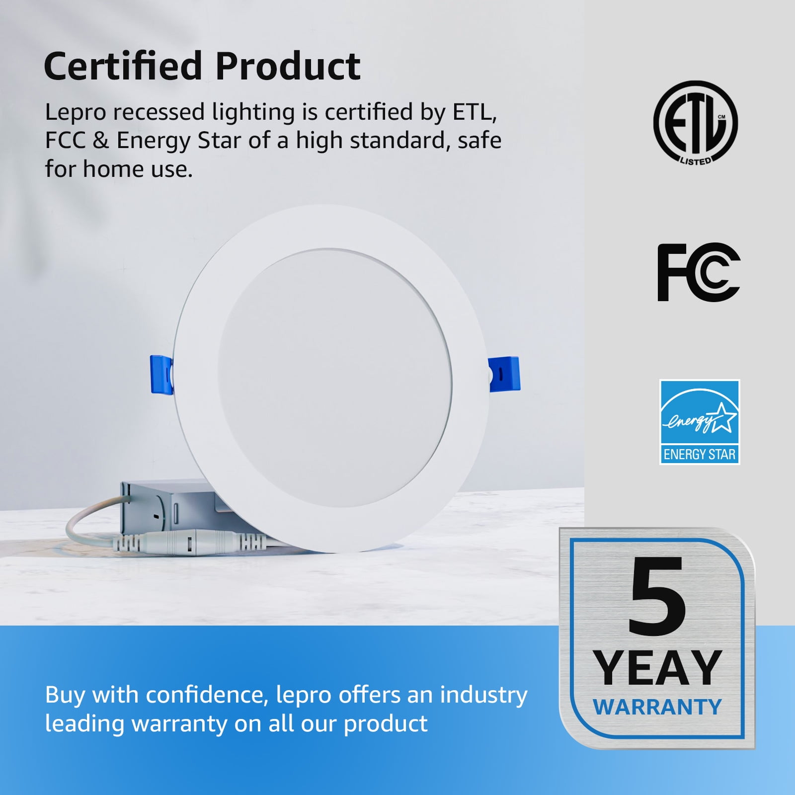 Lepro 6 Pack 6 Inch Canless LED Recessed Light,Dimmable Retrofit Ultra-Thin Ceiling Light with Junction Box,5000K Daylight Wafer Lights 12W 1050LM,50,000hrs Lifespan-ETL,FCC & Energy Star Certified - Image 7