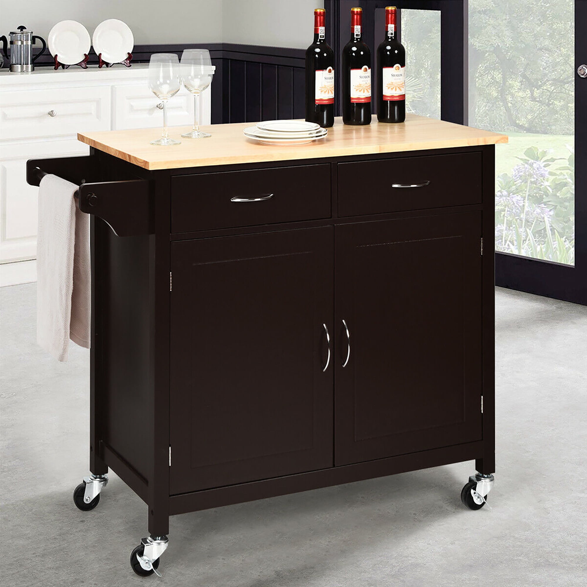 Costway Modern Rolling Kitchen Cart Island Wood Top Storage Trolley Cabinet Utility Brown - Image 4