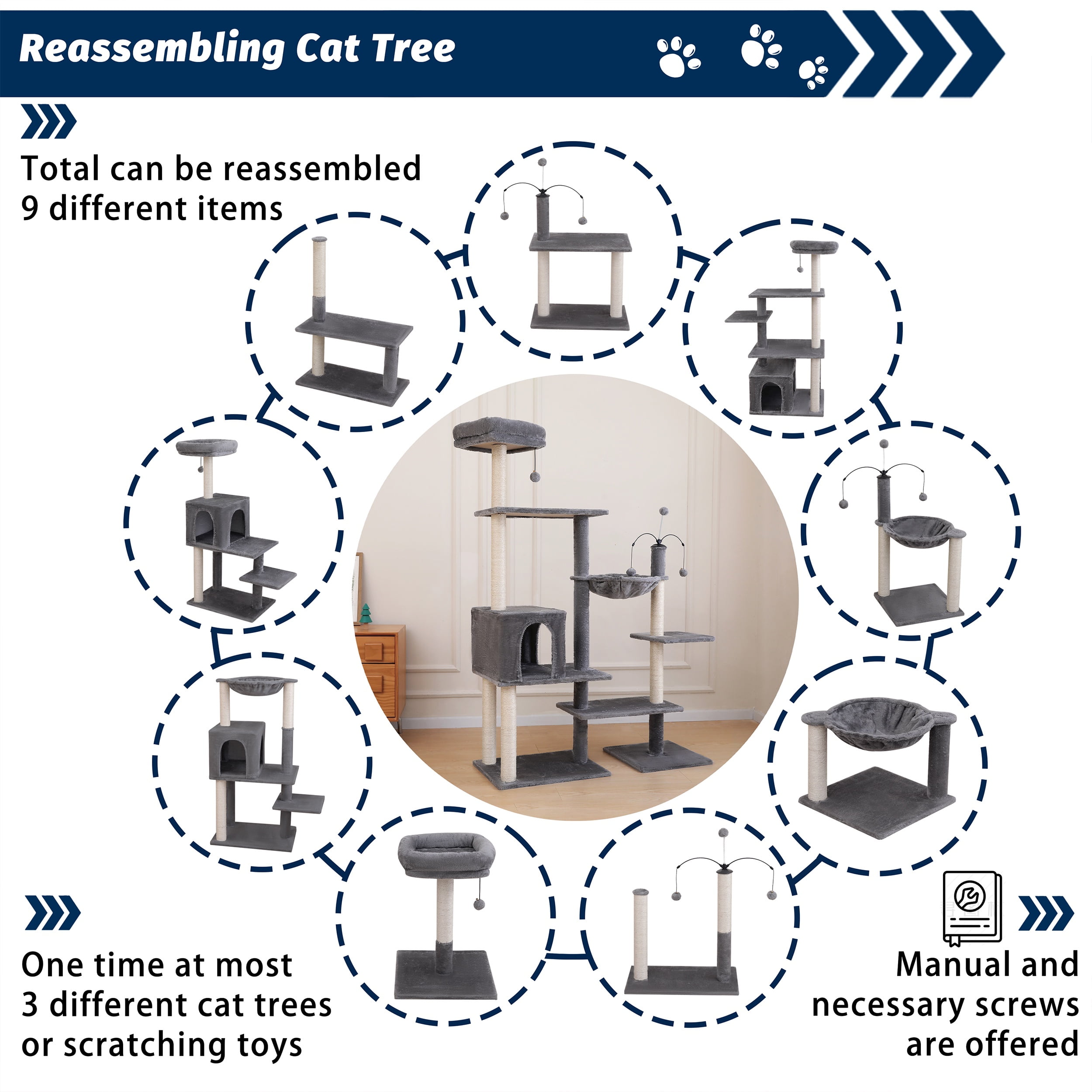 Vibrant Life 64” Multiple Level Cat Tree Tower with Condo and Hammock, Gray - Image 2