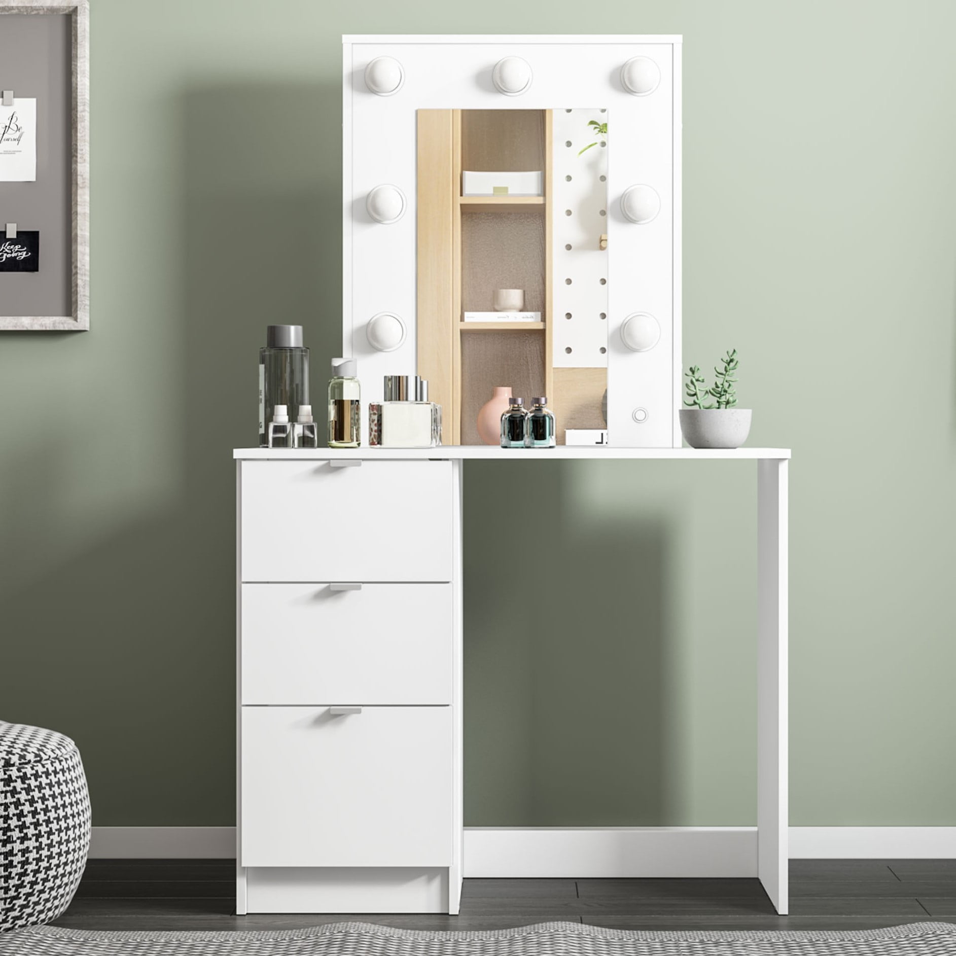 Polifurniture Daisy Modern Bedroom Makeup Vanity Table with Lighted Mirror, White Finish - Image 10