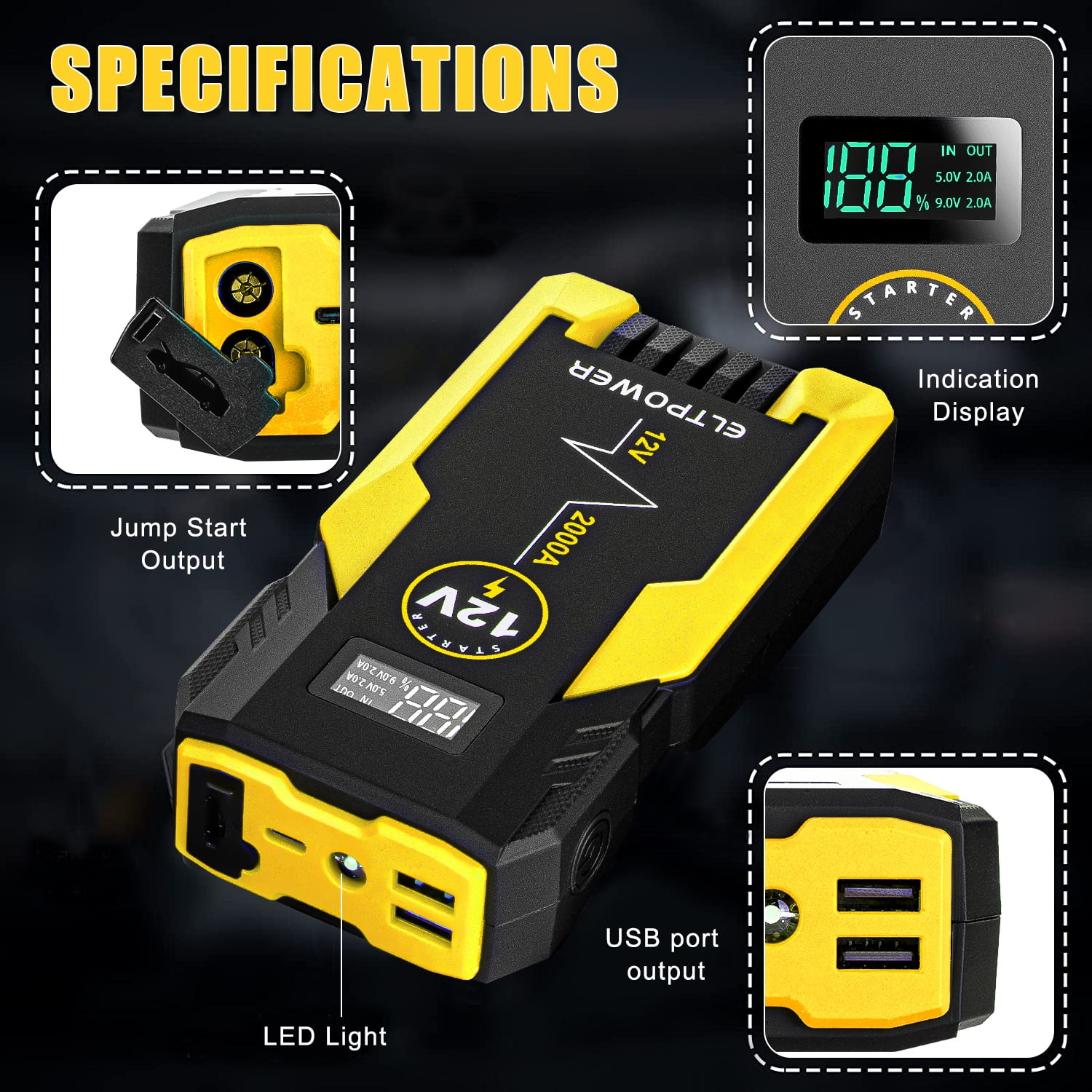Cheelom 2000A Car Battery Jump Starter, Portable Car Jump Starter with Dual USB Quick Charge and DC Output, 12V Jump Pack with Built-in LED Bright Light, Yellow - Image 3