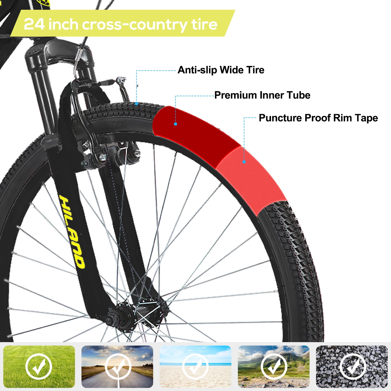 Hiland 24 inch Mountain Bike Shimano 7 Speeds for Teenager with Suspension Fork, Black - Image 9