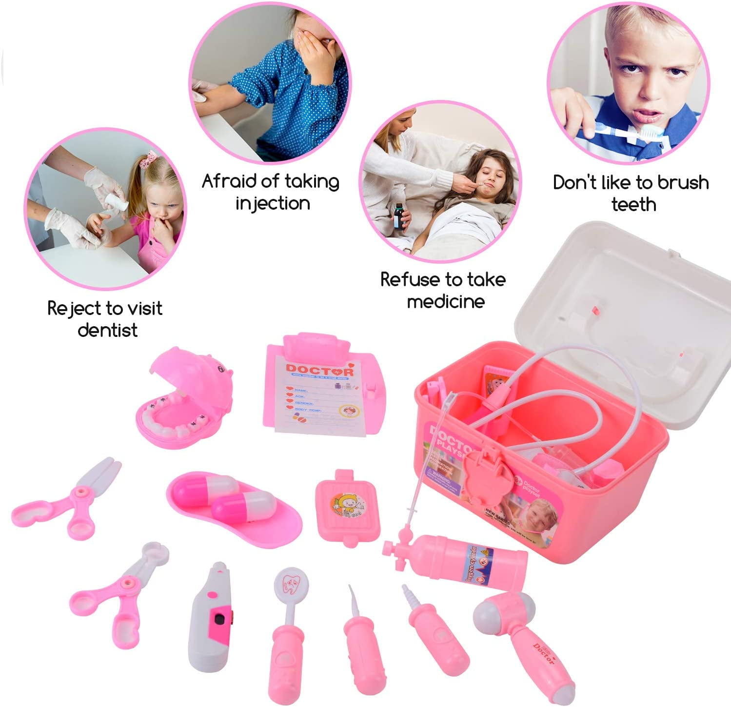 44 Pieces Educational Doctor Pretend Play Toy Set Dentist Medical Kit with Storage Box & Lights & Sounds for Doctor Roleplay-Pink - Image 2