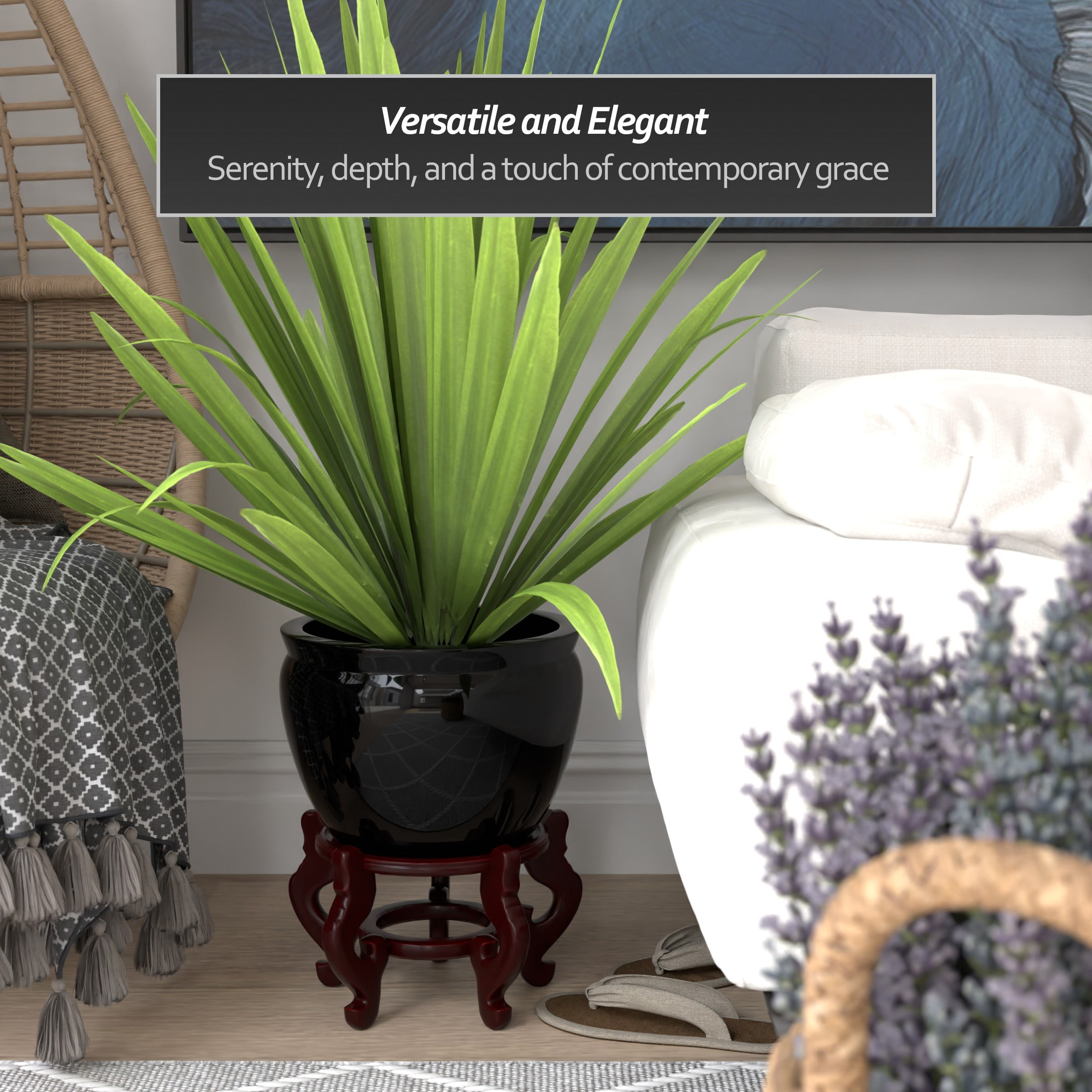 Red Lantern 12" Solid Black Porcelain Fishbowl Planter - Image 2