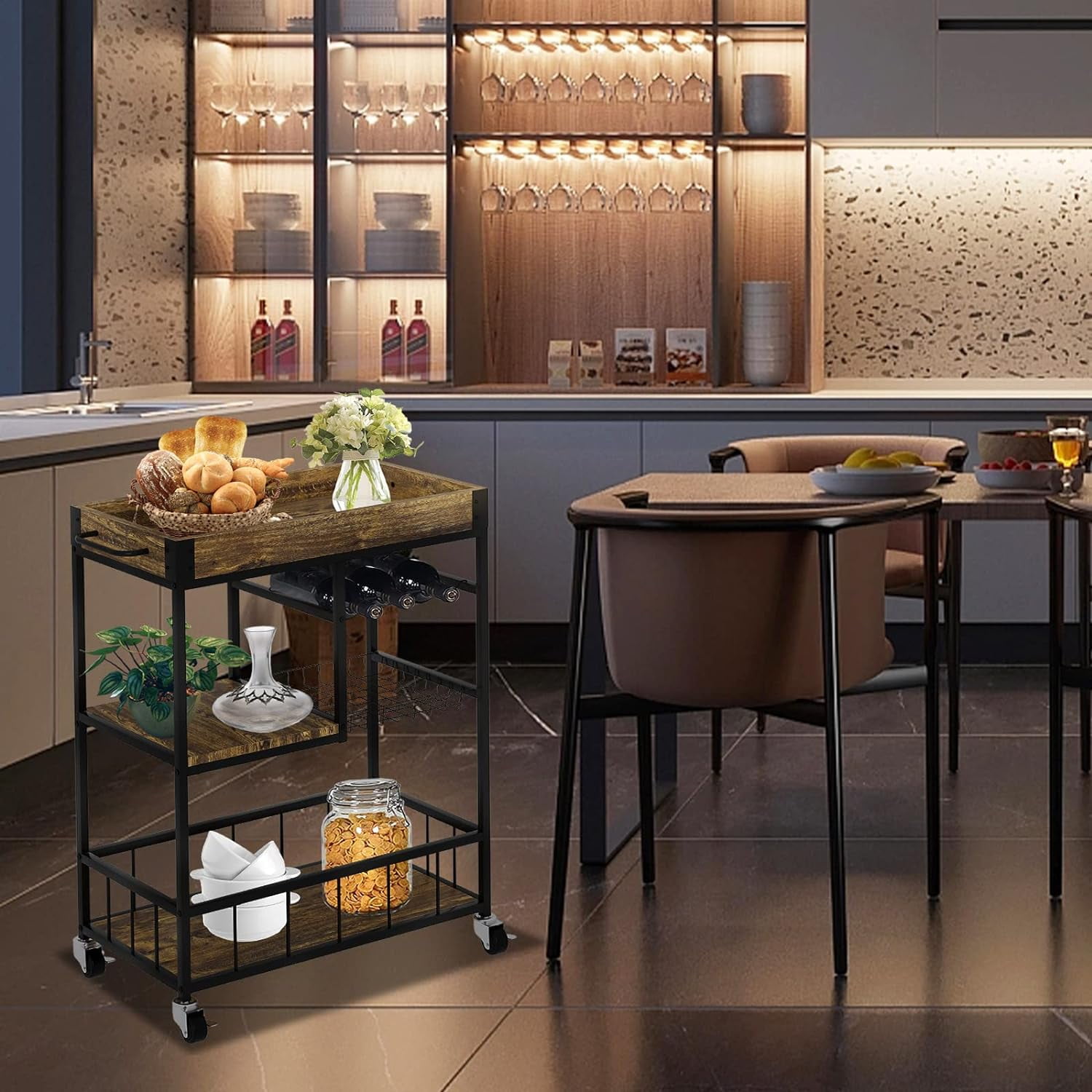 Aboxoo Vintage Style Kitchen Serving Cart with Basket - Image 6