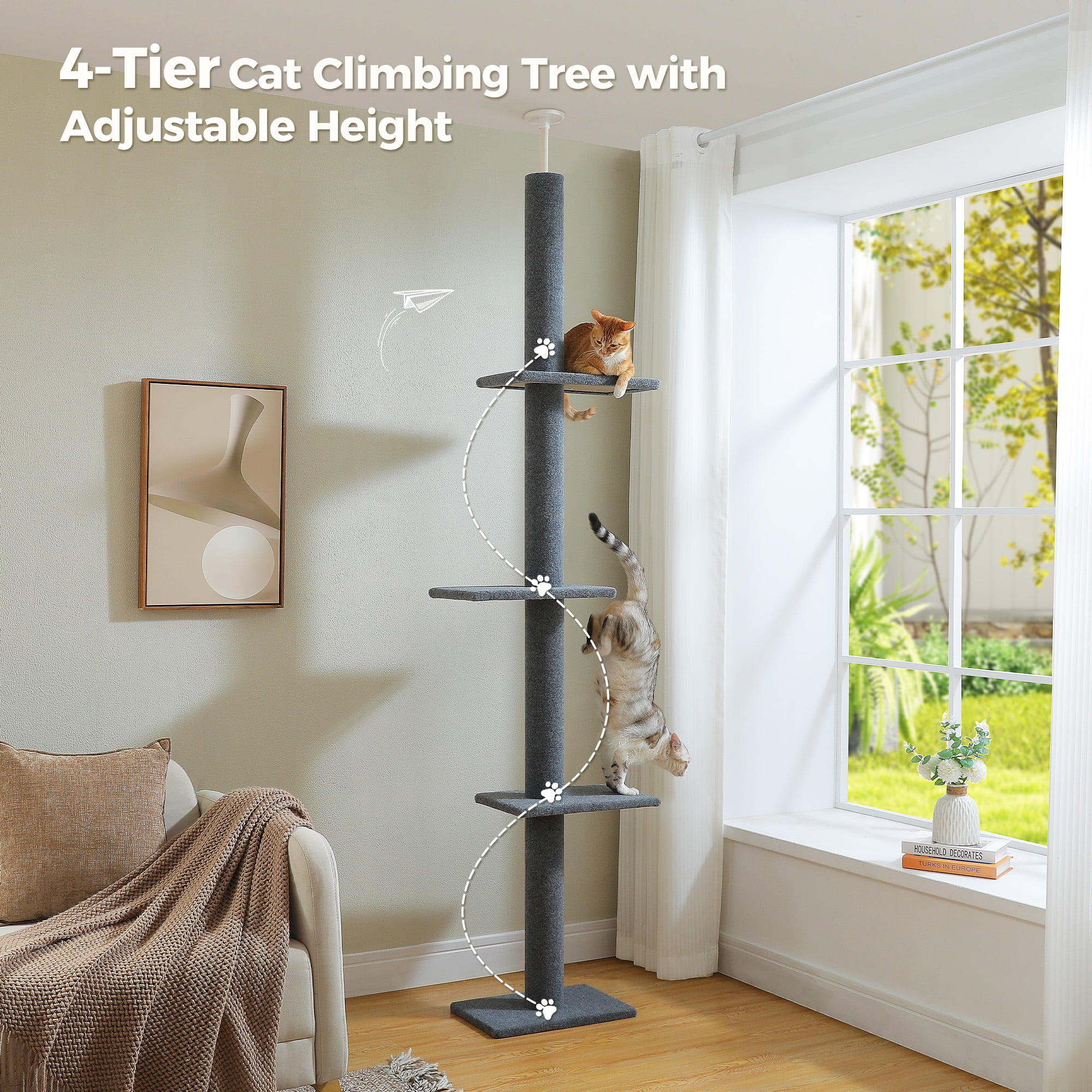 PAWZ Road 90-107" Floor to Ceiling Cat Tree Tower 4 Tier Tall Cat Climbing Posts Adjustable, Gray - Image 4