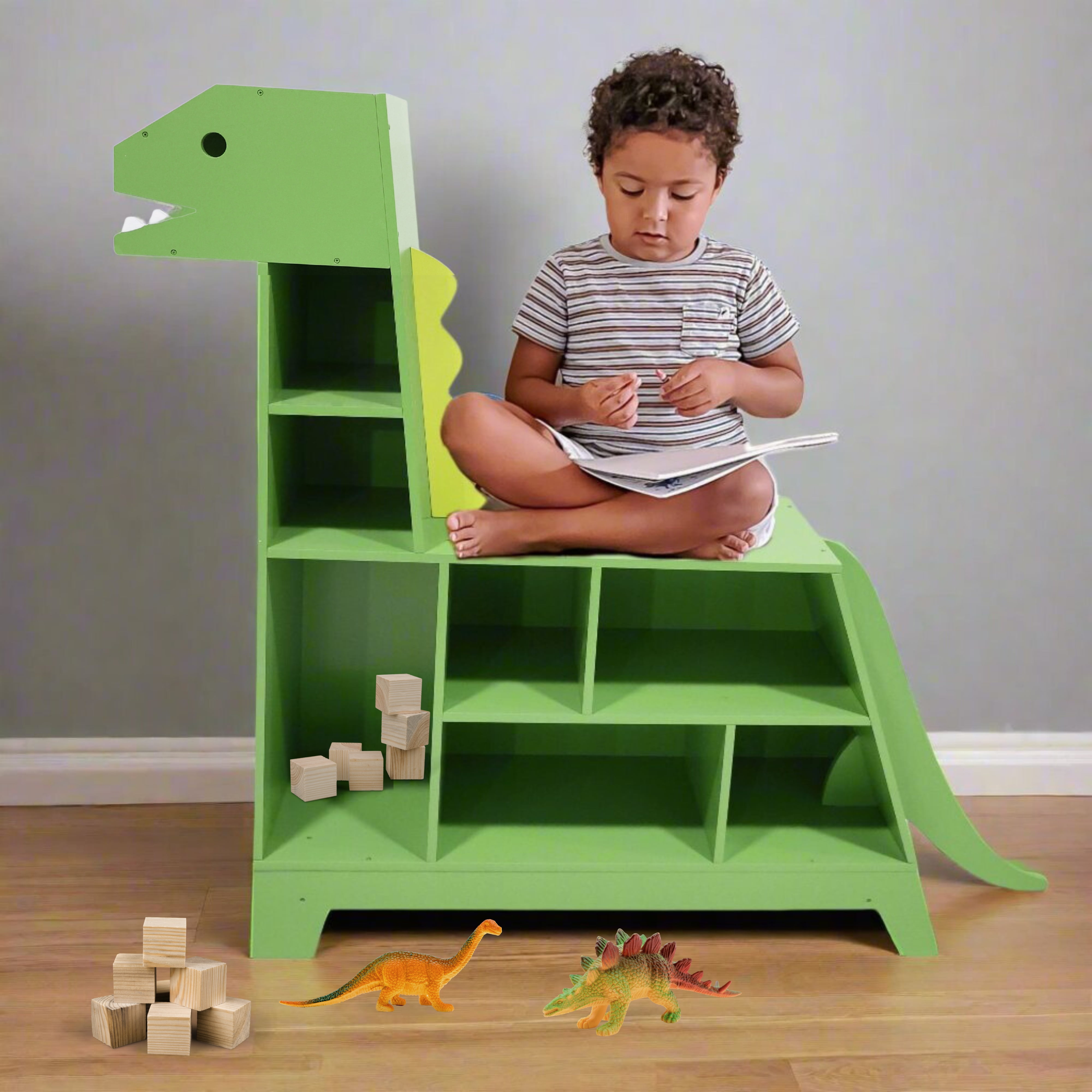 Teamson Kids Dinosaur Shaped Kids Bookcase Toy Organizer with Reading Nook, Kids and Toddlers Room, Green - Image 5