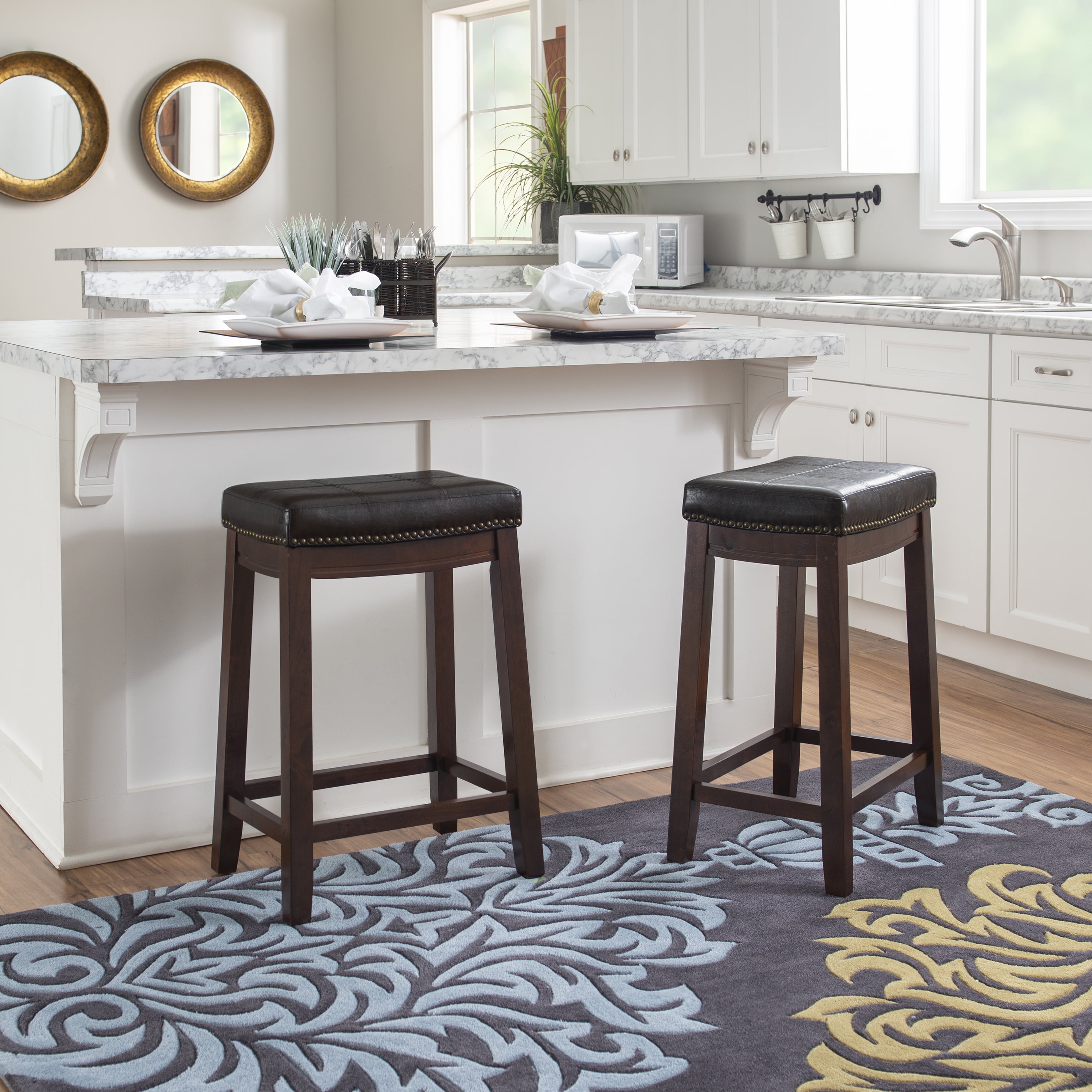 Linon Claridge 26" Backless Indoor Wood Counter Stool, Dark Brown/Brown Faux Leather, 1 Stool - Image 3