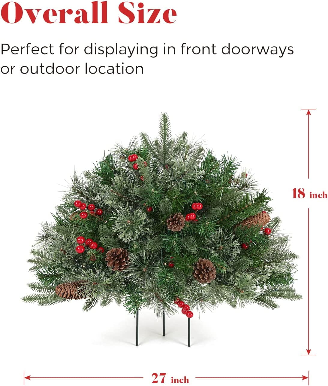 OasisCraft Outdoor Christmas Tree Frosted Urn Filler, Pre-lit Artificial Xmas Tree with Cones & Red Berries, 18 Inch Small Christmas Tree with 50 Warm Lights - Image 3