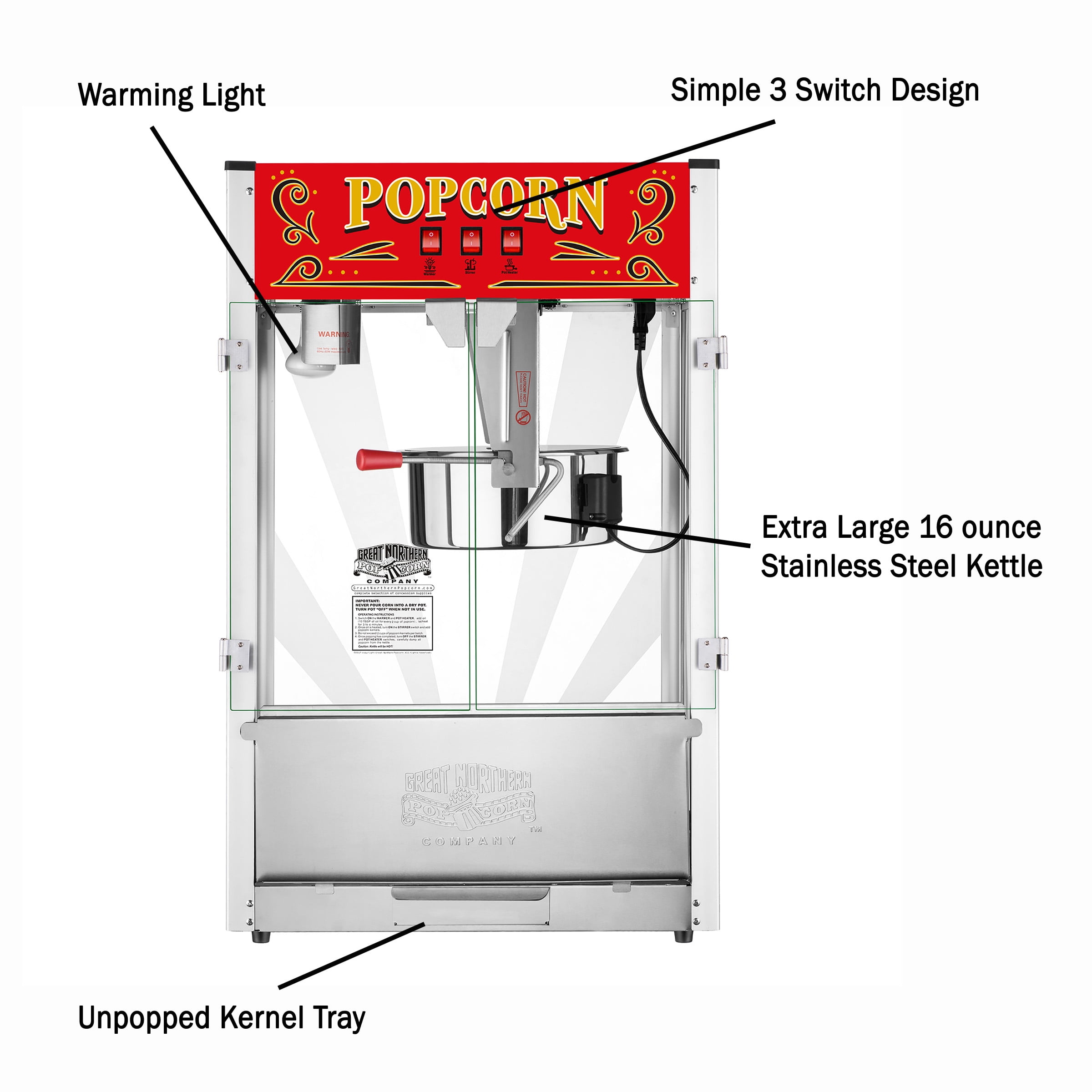 Great Northern Popcorn 16oz Tabletop Popcorn Machine with Warming Deck, Red - Image 5