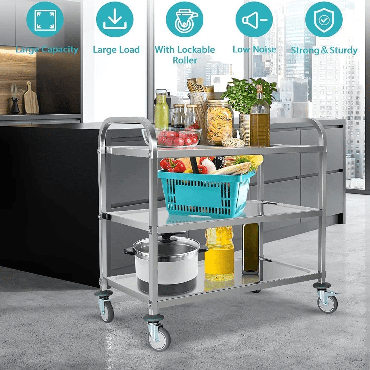Petoto 37x20x37 inch 3-Tier Stainless Steel Utility Cart - Commercial Food Cart - Kitchen Serving Carts with Locking Wheels - Image 2
