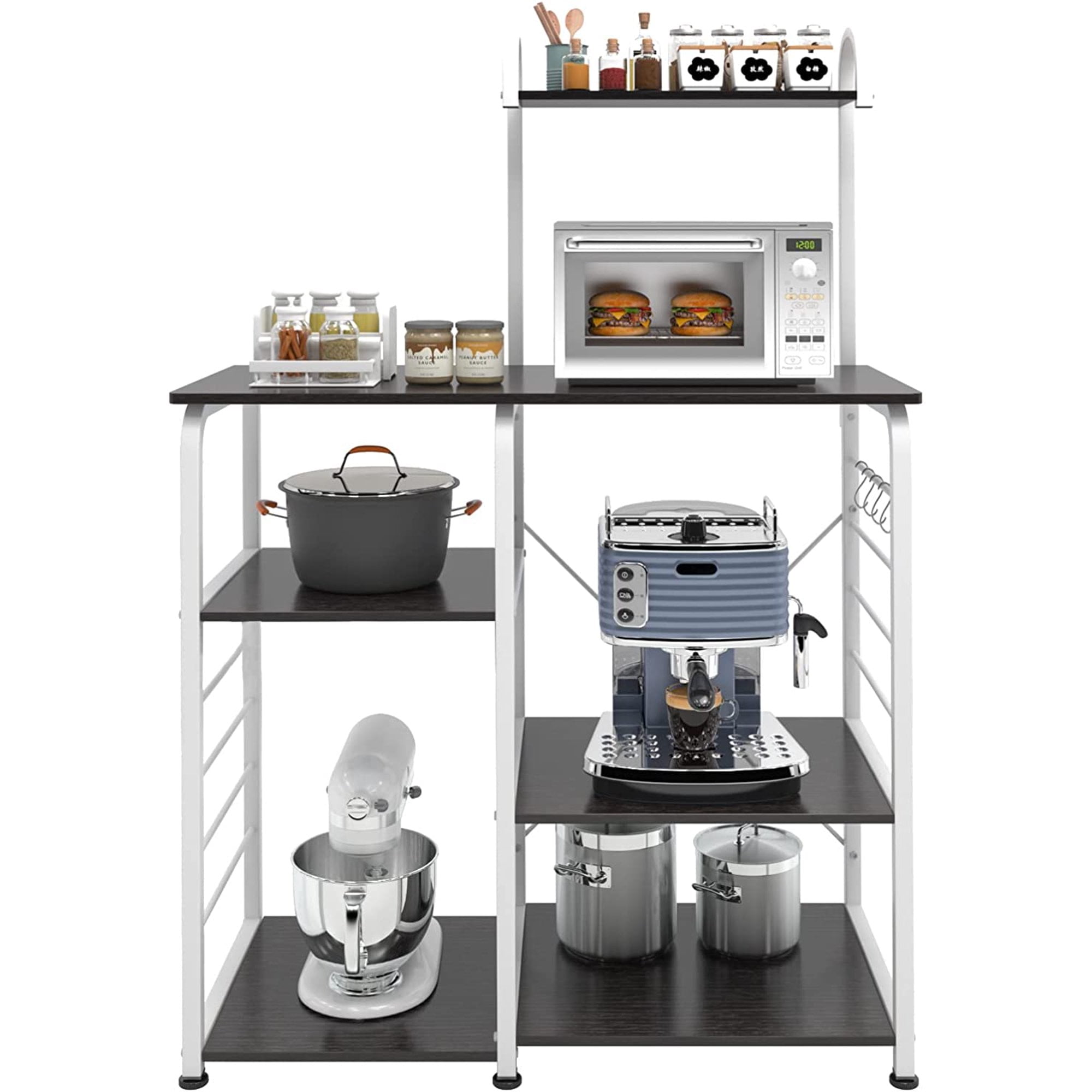 SOGES 4-Tier Kitchen Baker's Rack Utility Microwave Stand with 5 Hooks, Metal Storage Shelves, Black Walnut - Image 5