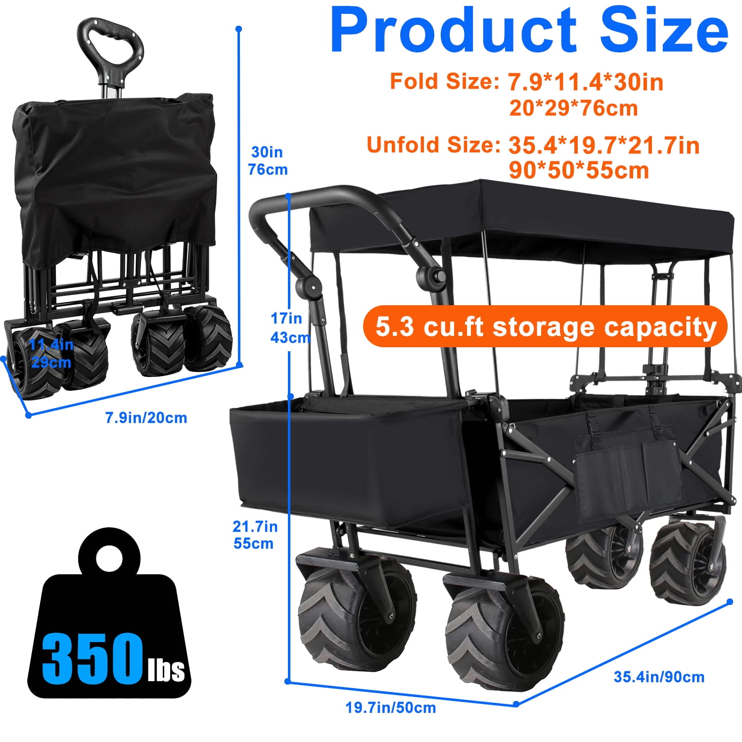 Folding Wagon Cart with Removable Canopy, All-Terrain Wheels,Utility Cart for Grocery, Garden, Shopping, Outdoor, Beach - Image 3
