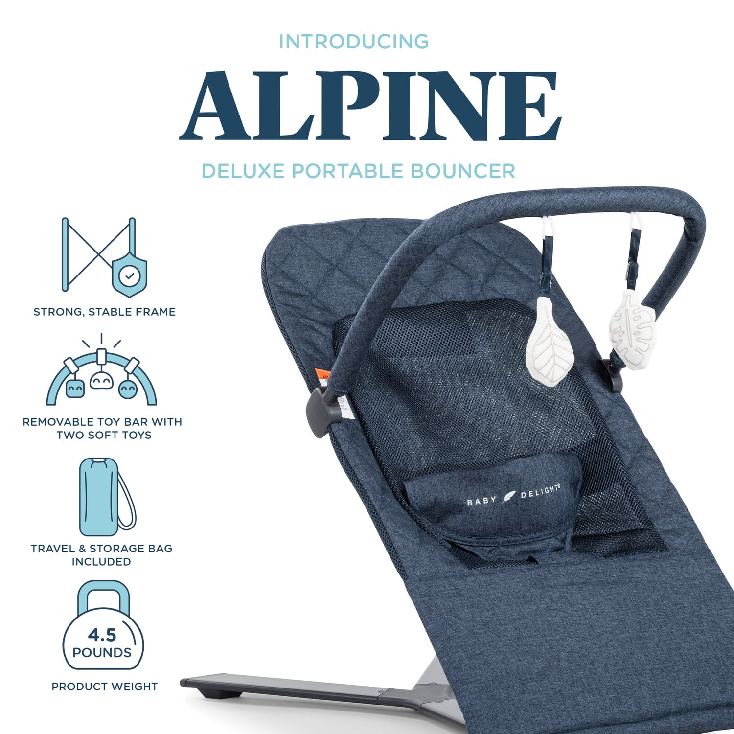 Baby Delight Alpine Deluxe Portable Baby Bouncer, for Infants 0-6 Months, Quilted Indigo - Image 6