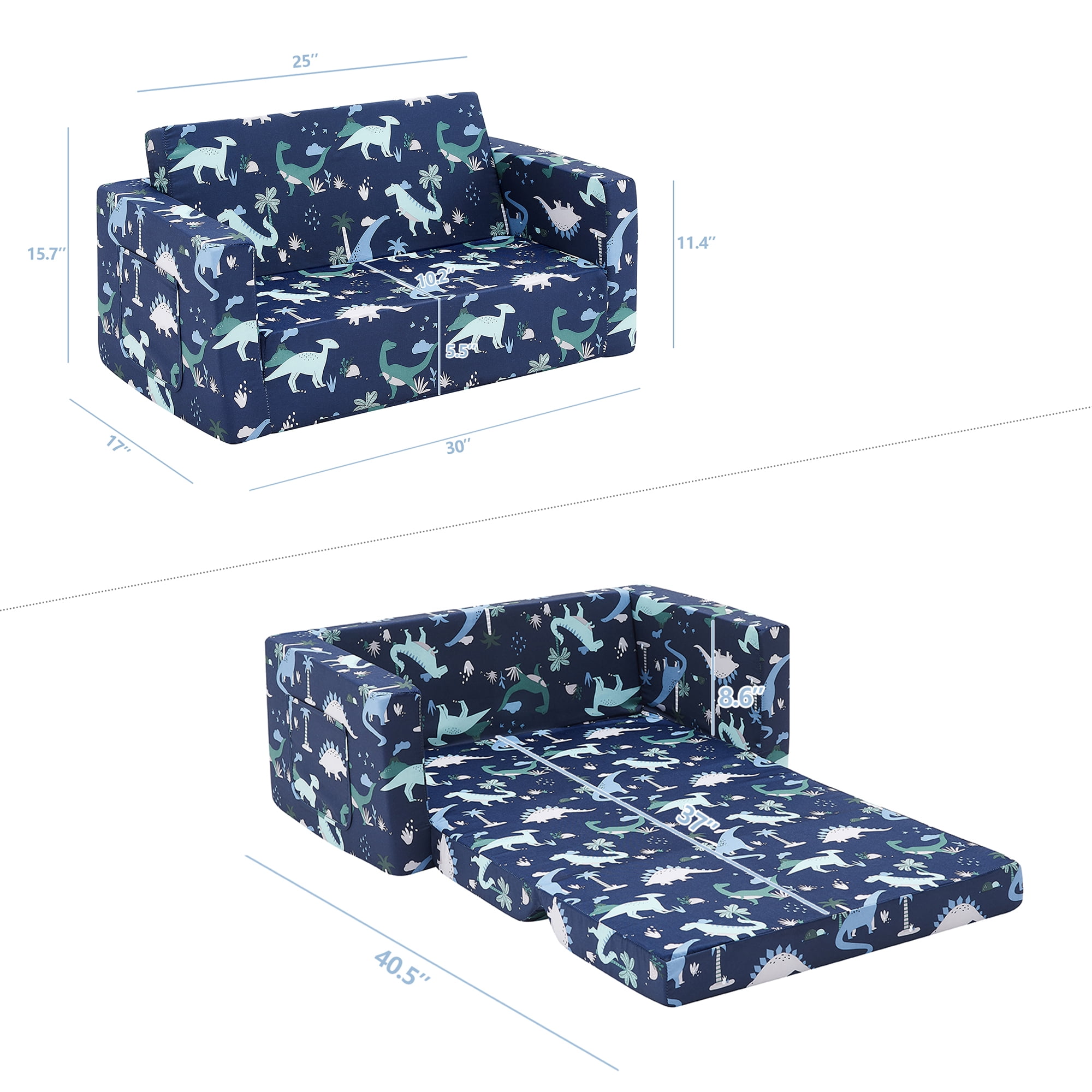 Ulax Furniture Convertible 2-in-1 Flip Open Kids Loveseat/ Couch/ Sleeper Sofa (Navy Dinosaur) - Image 8