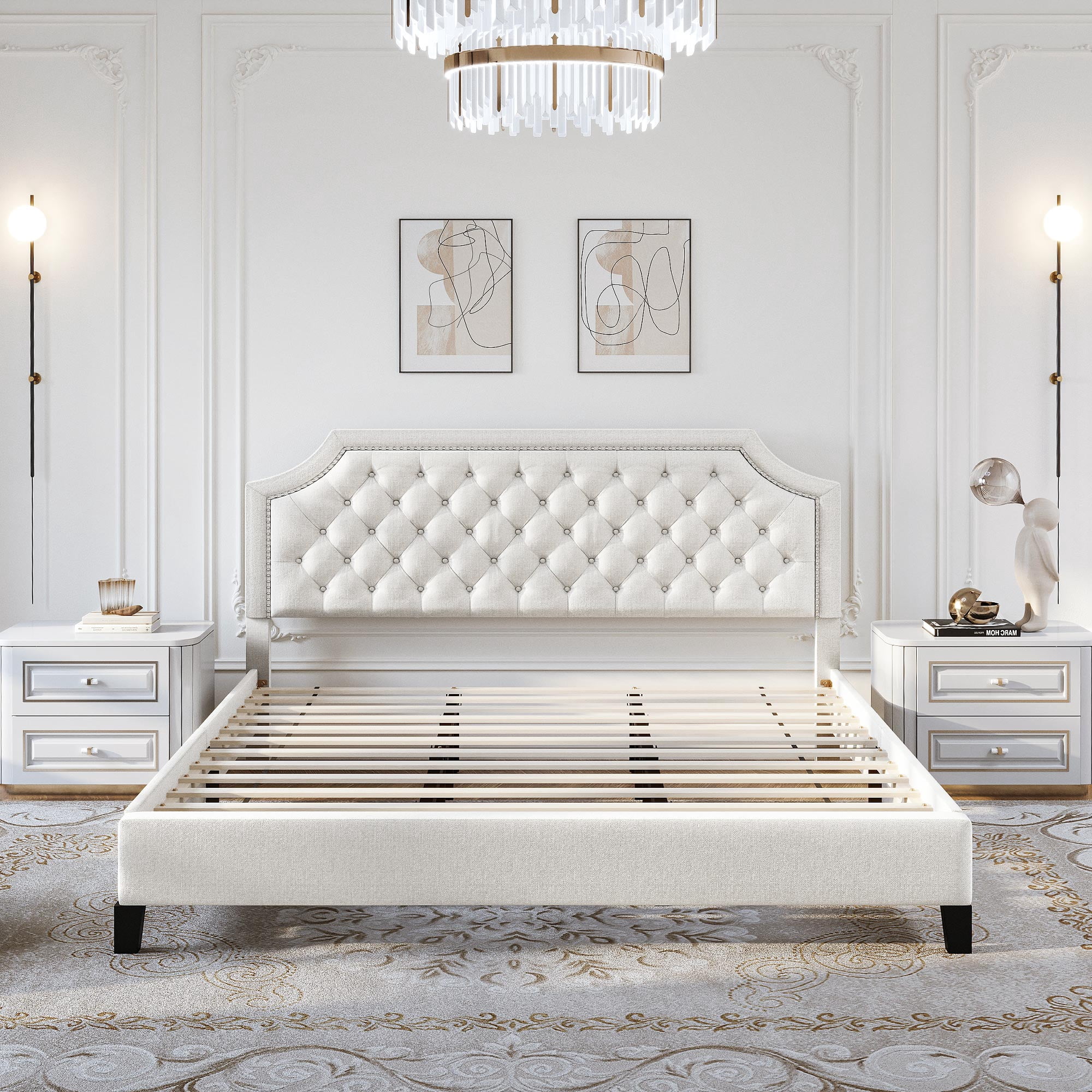 Dextrus King Size Platform Bed Frame with Tufted Upholstered Headboard, Beige - Image 2