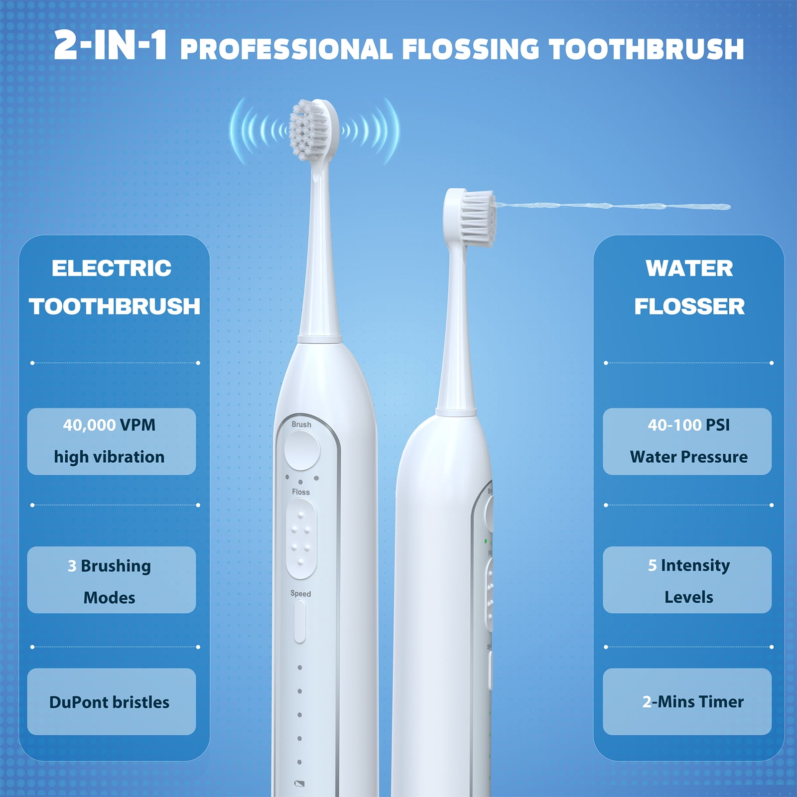 Electric Toothbrush with Water Flosser Combo - Professional USB Rechargeable Flossing Toothbrush - 3 Modes & 5 Pulse & 500ml/16.9oz Capacity - Brush and Floss at The Same time - Image 4