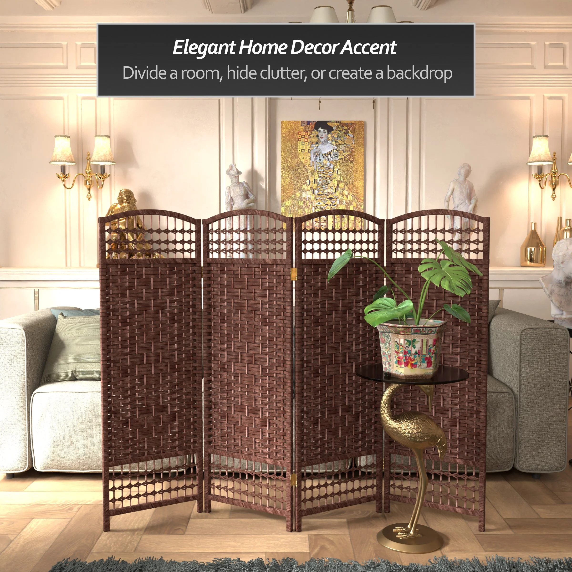 Red Lantern 4 ft. Short Fiber Weave Folding Screen - Dark Red - 4 Panels - Image 2