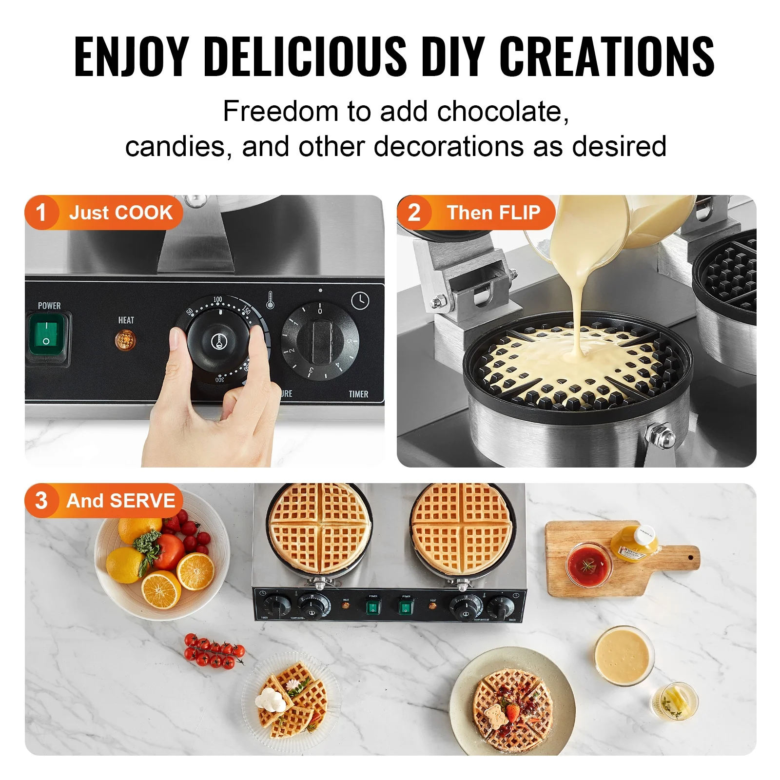 KFFKFF Double Head Commercial Waffle Maker, Round Belgian Waffle Cooking Device, 2460W, Non-Stick, with Temperature and Timer Settings, Ideal for Cafes, Bakeries, Snack Shops, and Home Use - Image 2