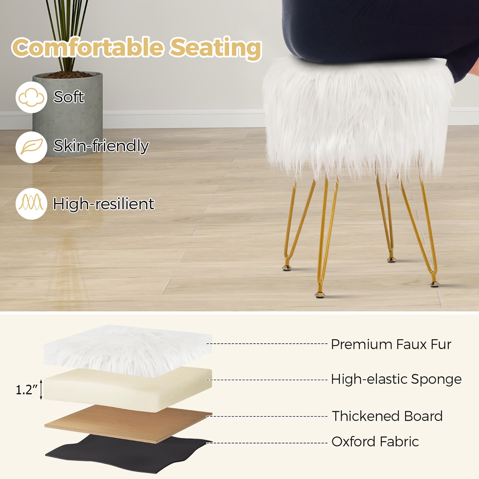 Gymax Vanity Chair Makeup Stool Furry Padded Seat Round Ottoman White - Image 10
