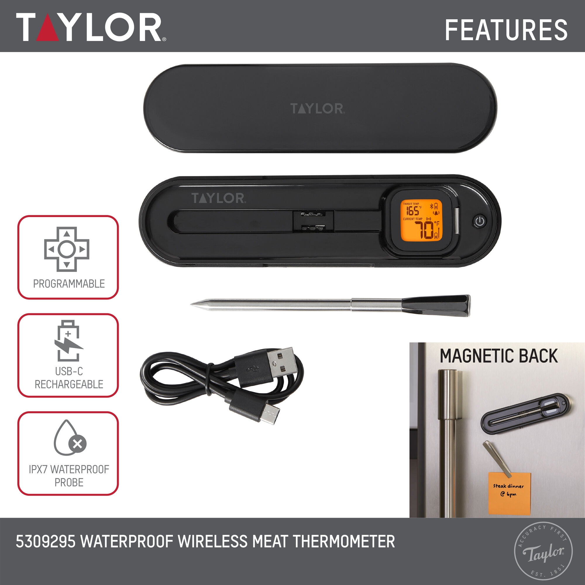 Taylor Waterproof Bluetooth Digital Wireless Grill and Meat Thermometer with Smart Probe Black - Image 5