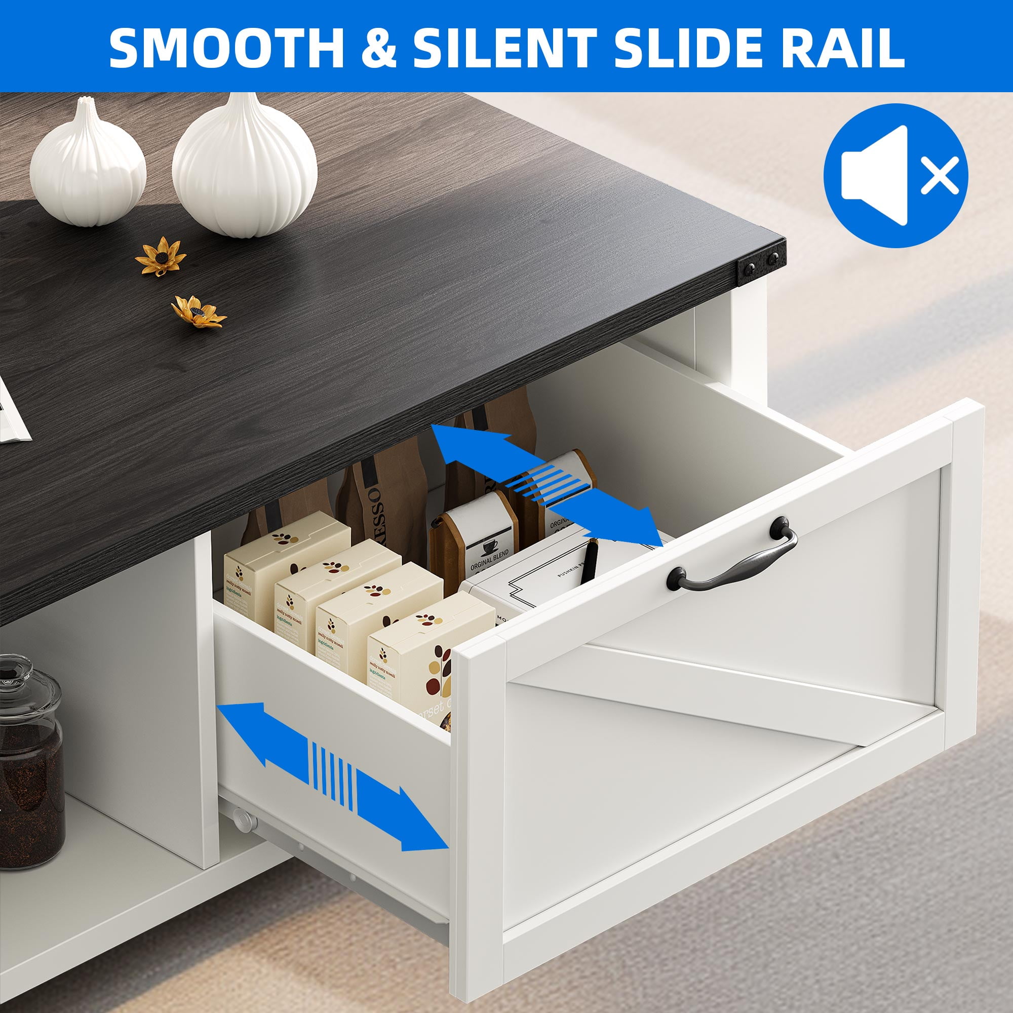 Dextrus Farmhouse Coffee Table with Storage, 2-Tier Storage Open Shelf Rustic Living Room Tables, White & Black - Image 4