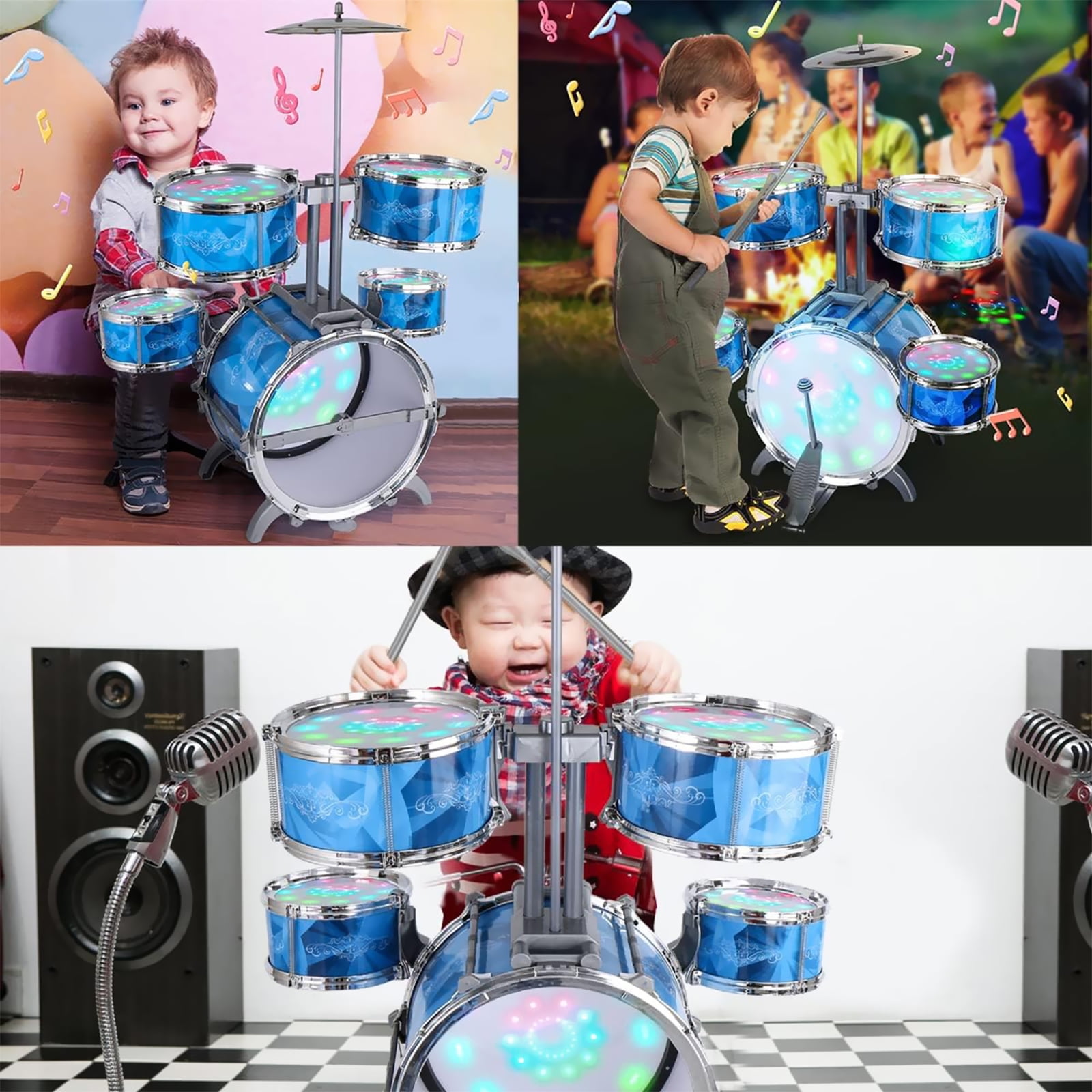 Kids Drum Set, 15 Pieces Drum Set for for Toddlers 1-3, Musical Instrument Toys with 6 Drums, w/ 4 Lights and 2 Cymbals, Drum Kit Boys Girls Birthday Gift for Beginner Music Practice - Image 3