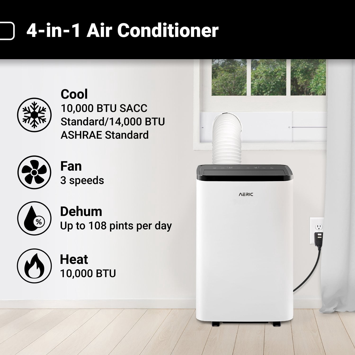Aeric 10,000 BTU SACC (14,000 BTU ASHRAE) Portable Air Conditioner with Heat, AERP101HAW - Image 2