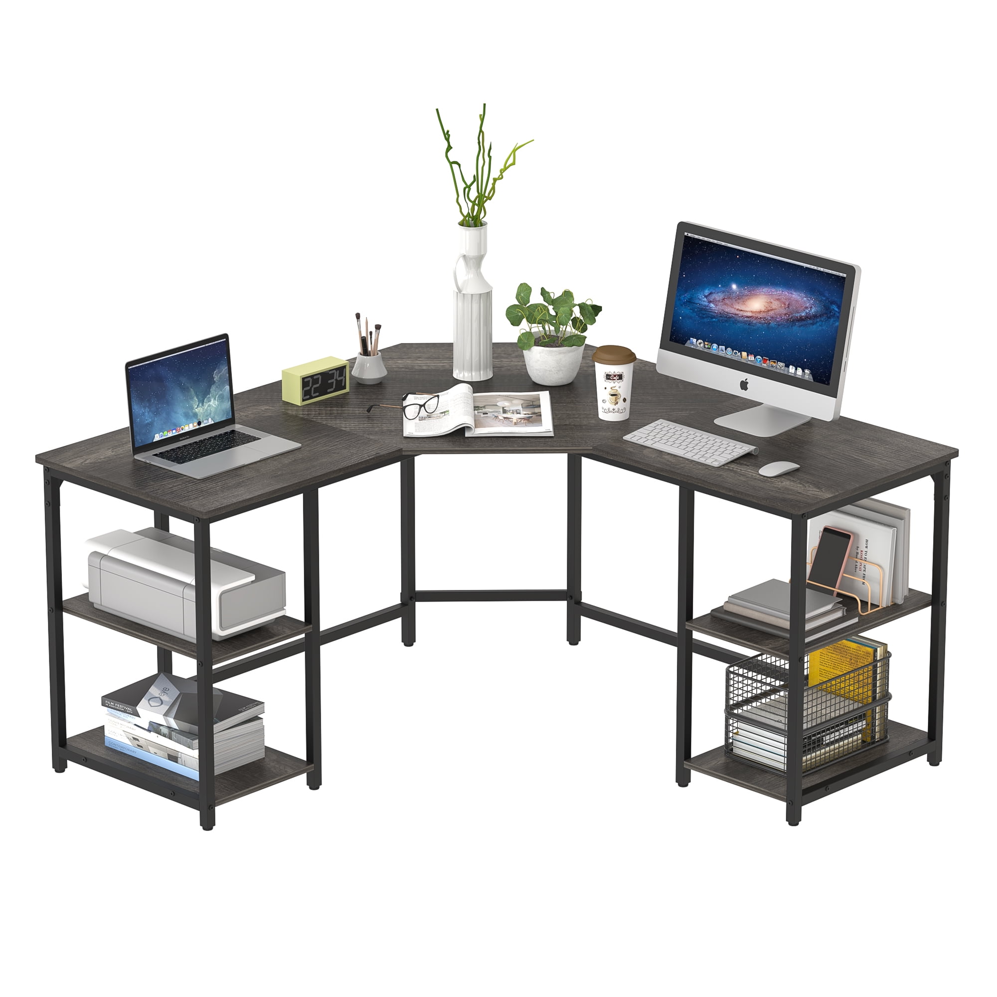 Yoneston L-Shaped Desk with Double Shelves, Large Computer Corner Desk Home Office Workstation PC Laptop Table with Storage - Boak - Image 7