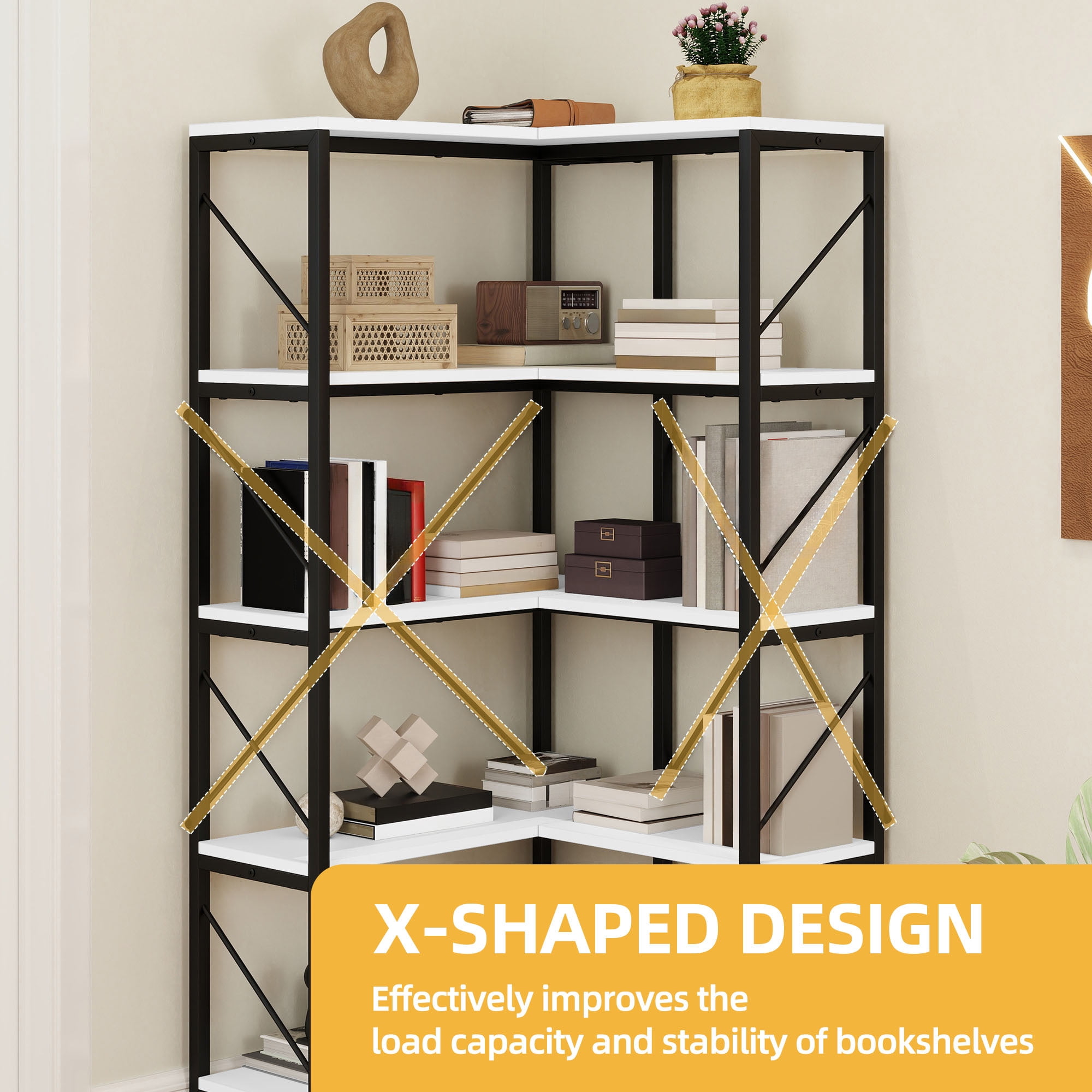 Uforic 5-Tier Corner Bookshelf, Corner Shelf Display Bookcase with Metal Frame for Home Office, White - Image 4
