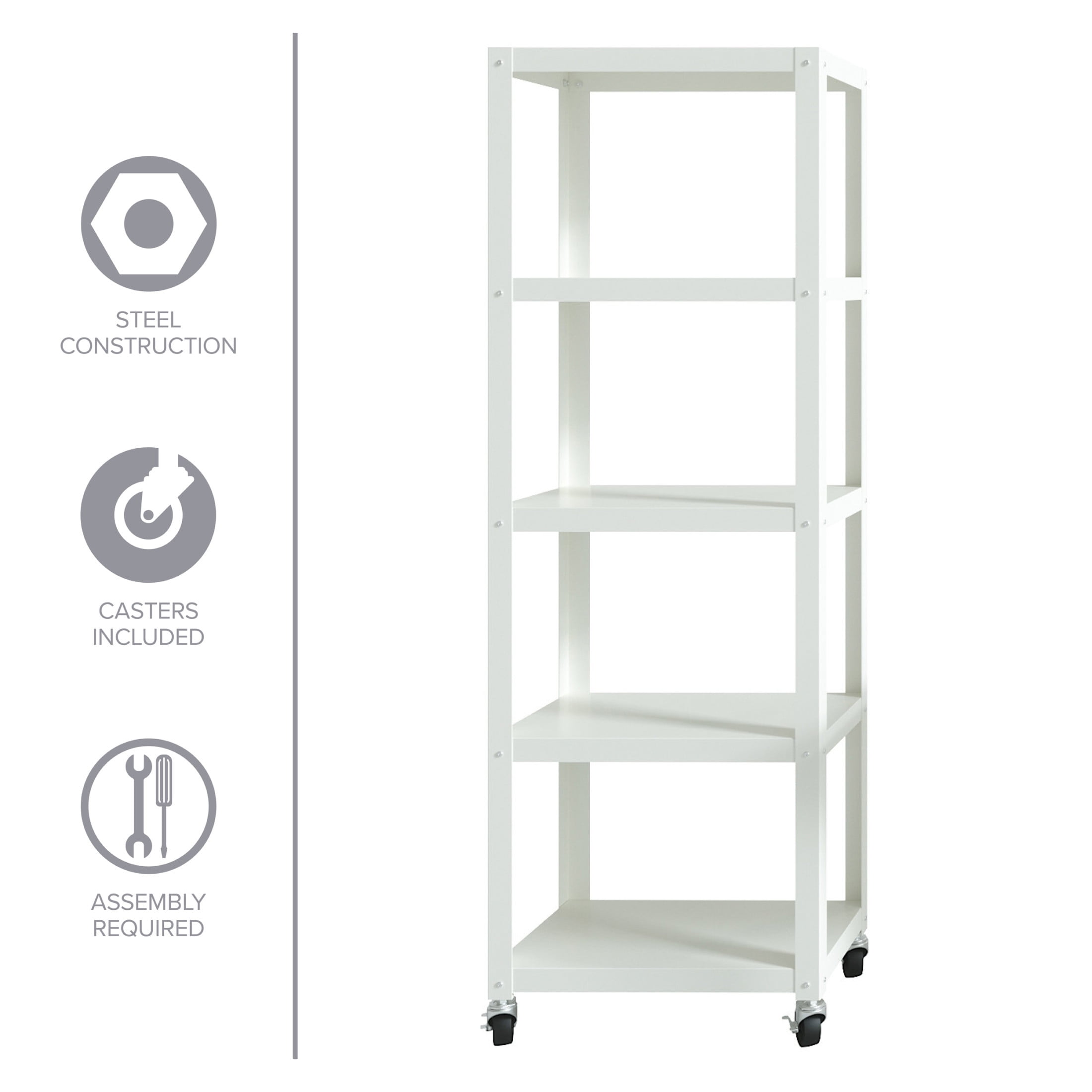 Office Dimensions 72" High Rolling 5 Shelf Bookcase, Industrial Metal, White - Image 7
