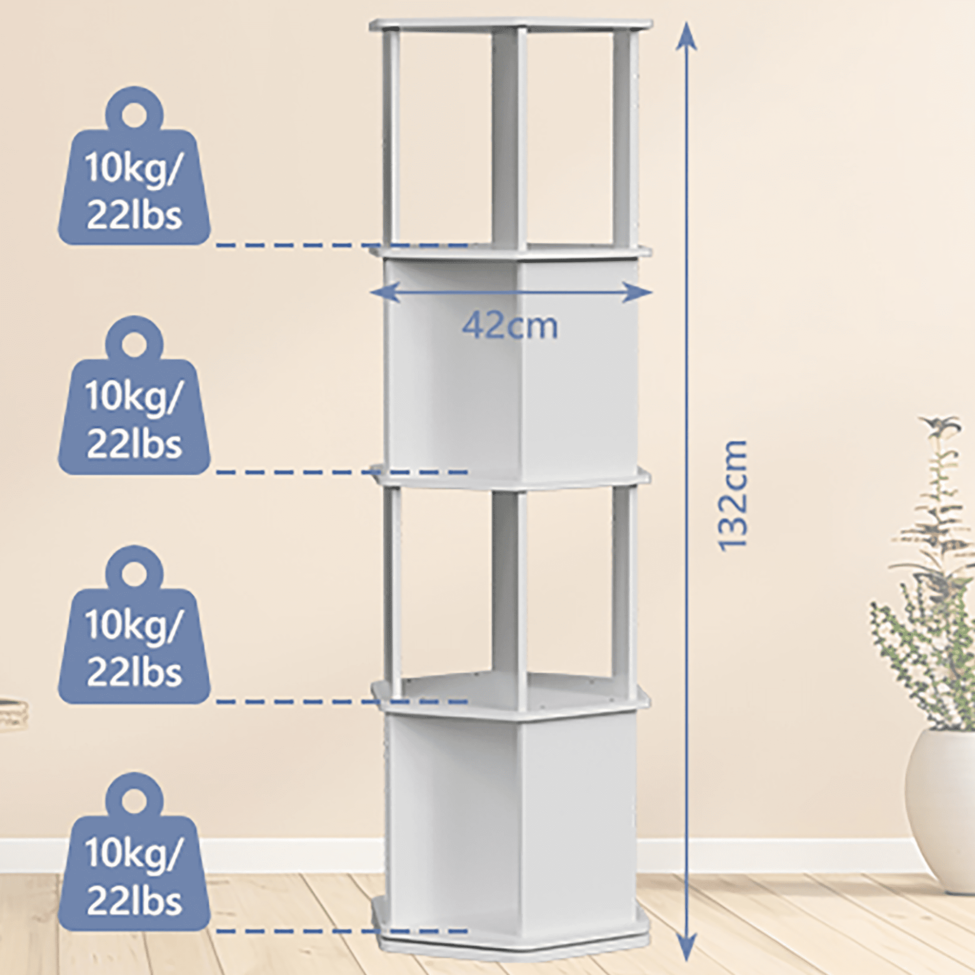 tonchean 4 Tier 360° Rotating Bookshelf, 52"H Floor Standing Bookcase Organizer Rack for Study Gift, White Wood - Image 6