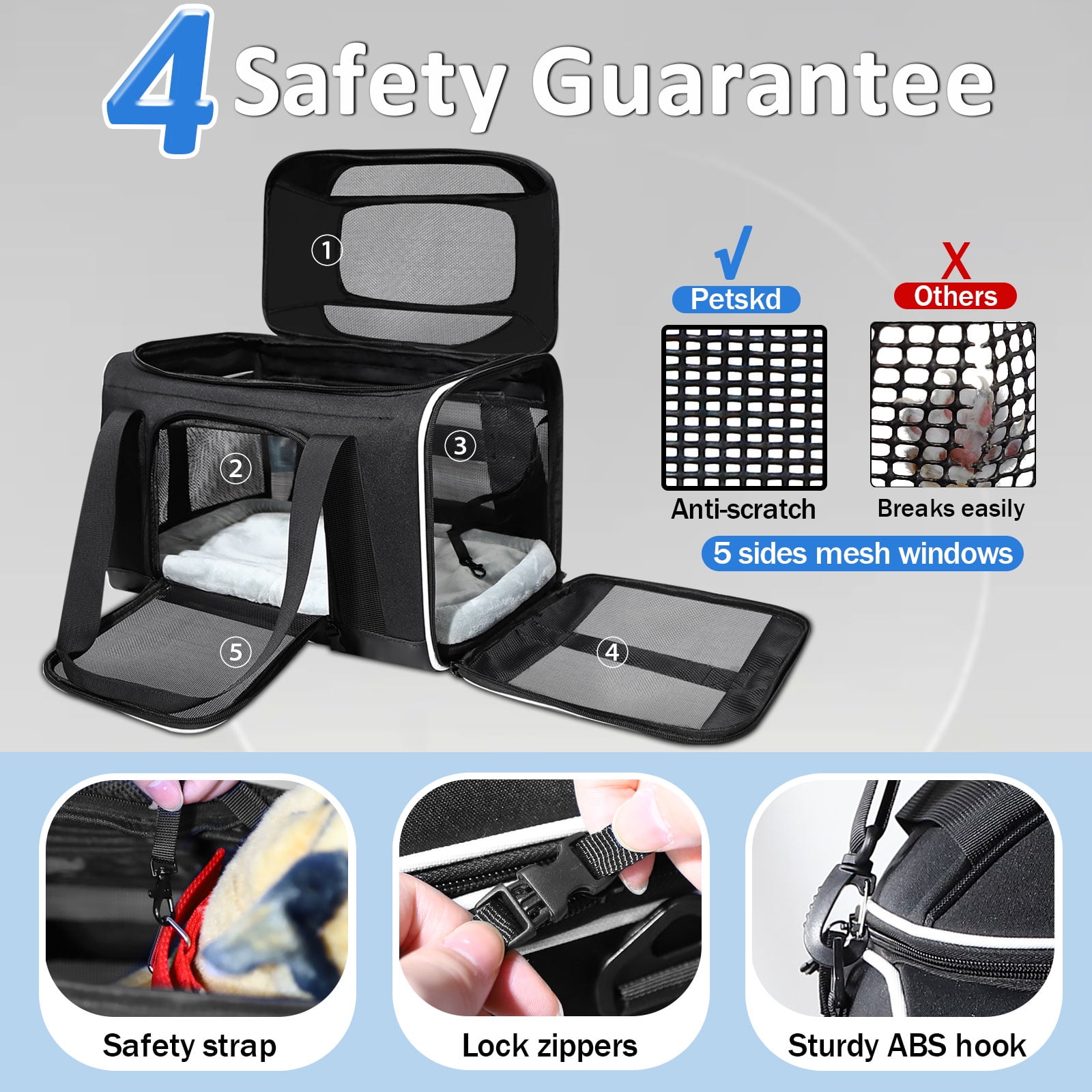 PETSKD Cat Carriers, Top-Expandable Pet Carrier for Small Cats Dog with Locking Safety Zippers, Soft-Sided Carrier with 5 Ventilated Windows, 17x11x9.5 inches, Black - Image 5