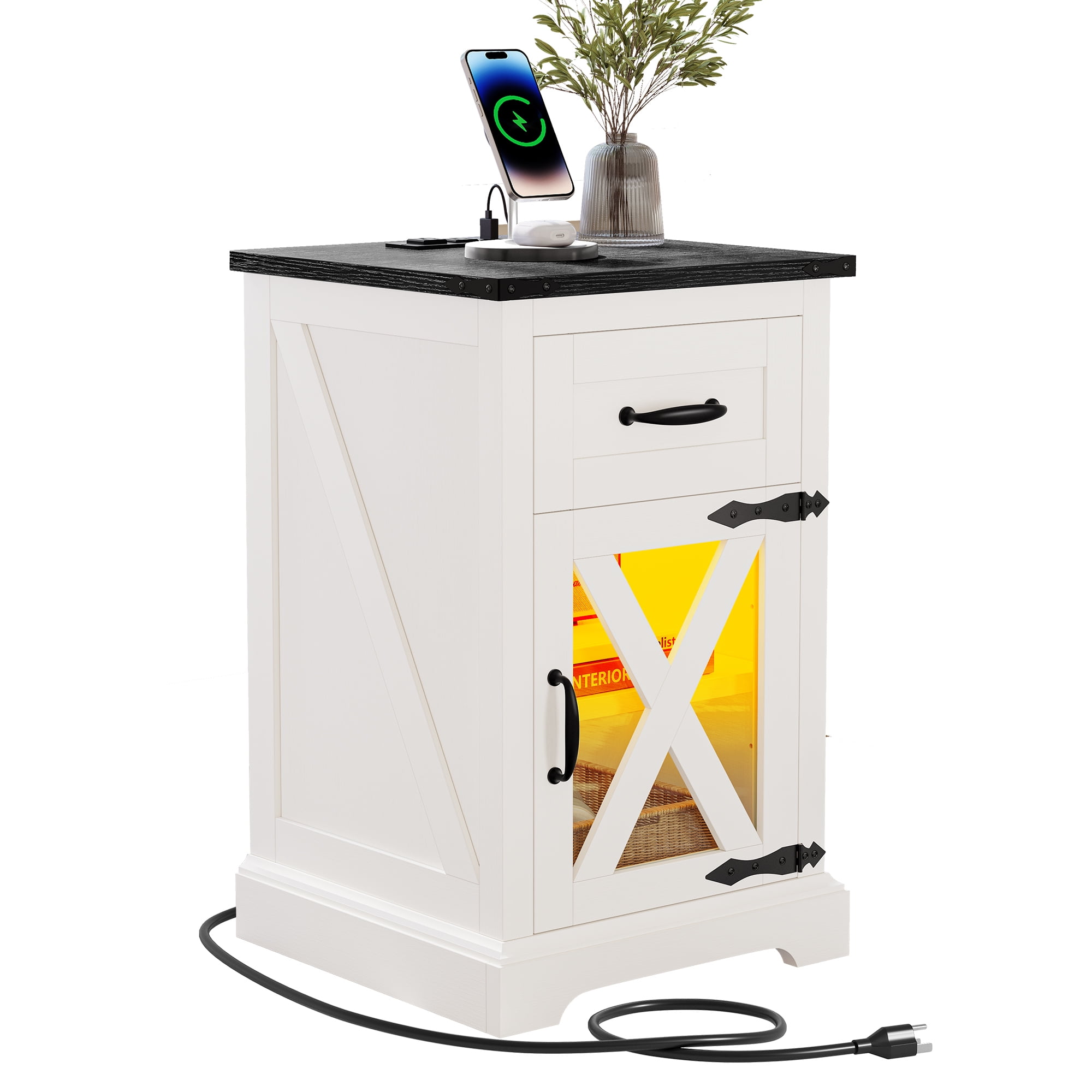 DEXTRUS Farmhouse Nightstand End Table with Charging Station and LED Lights, Side Table with Door & Storage Shelf Nightstand for Living Room Bedroom - White - Image 10