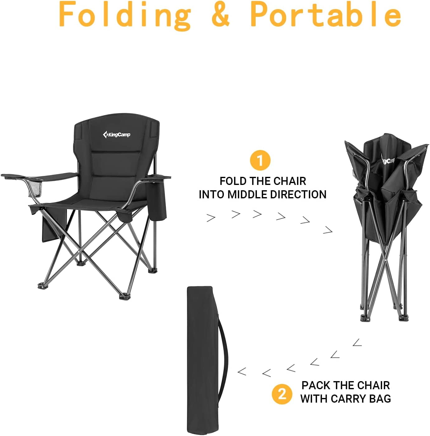 KingCamp Oversized Camping Chairs Heavy Duty Padded Folding Lawn Chair Support 300 lbs for Adults Outdoor Fishing Sports Black - Image 5