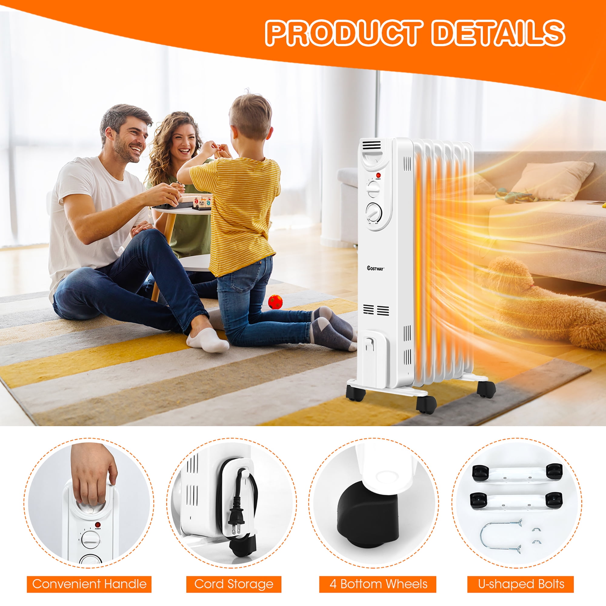 Costway 1500W Electric Oil Filled Radiator Space Heater 5-Fin Thermostat Room Radiant - Image 5