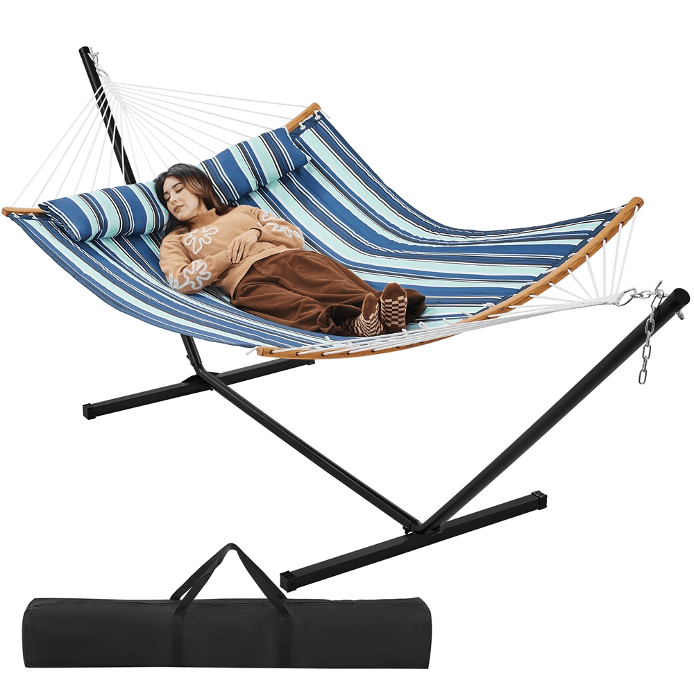 Renwick Padded Hammock & Steel Stand Set with Pillow for 2–3 People, Blue Stripe - Image 2