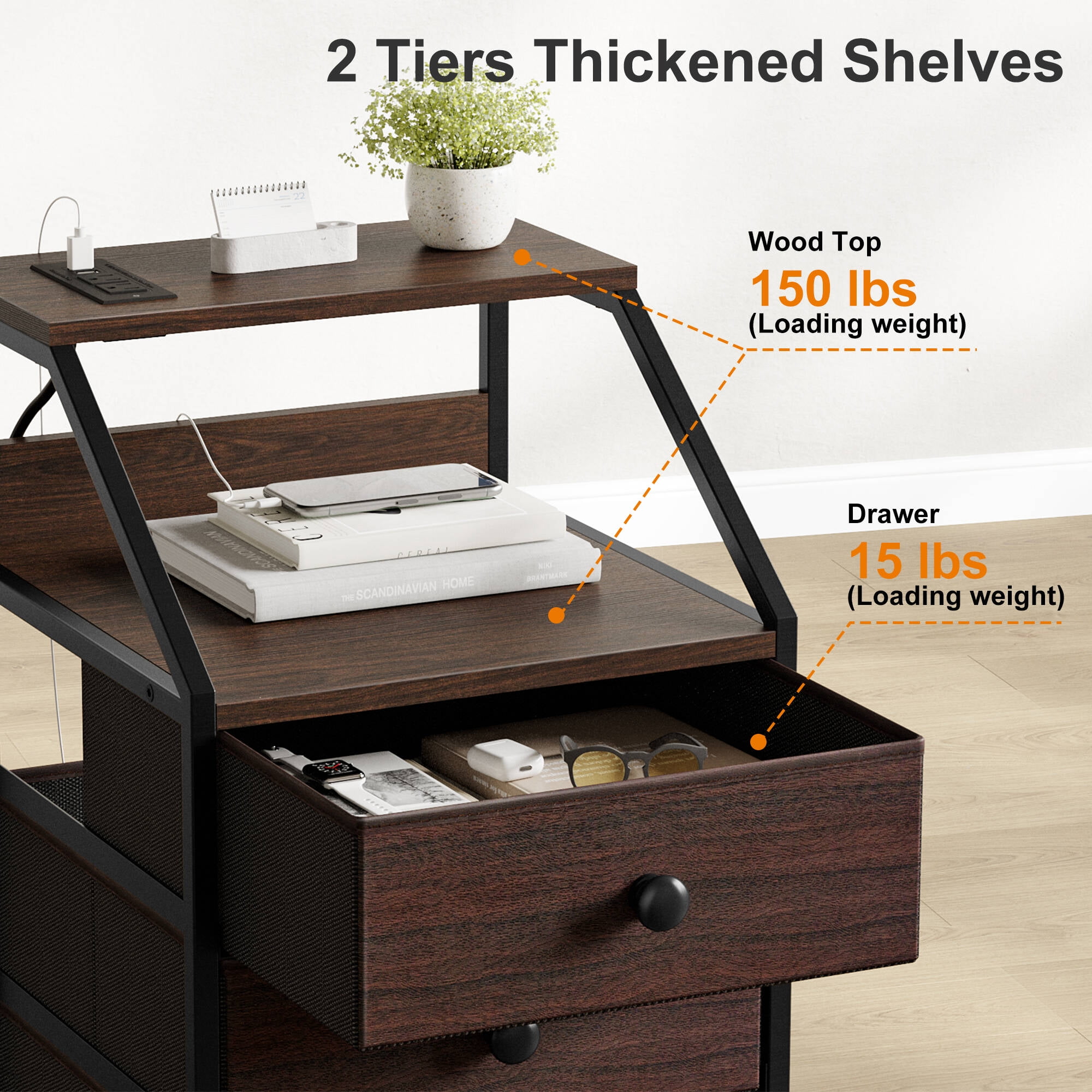GUNAITO Nightstand Set of 2 with Charging Station Side Table with 3 Drawers End Table with Open Shelf Bedside Table with USB Ports and Outlets Nightstand for Bedroom,Brown - Image 5