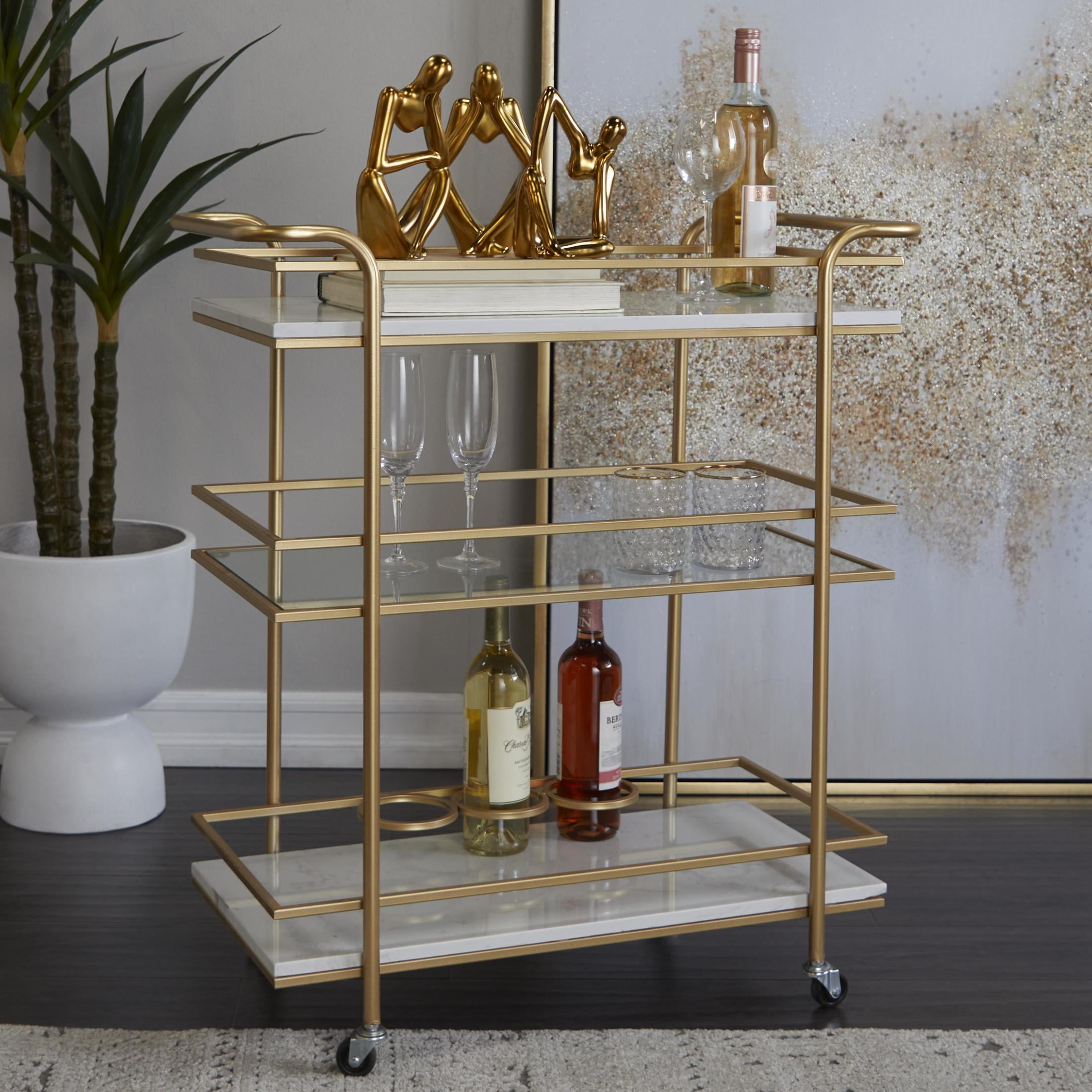 DecMode 27" x 33" Gold Marble Rolling 2 Shelf Bar Cart with Handles, 1-Piece - Image 7