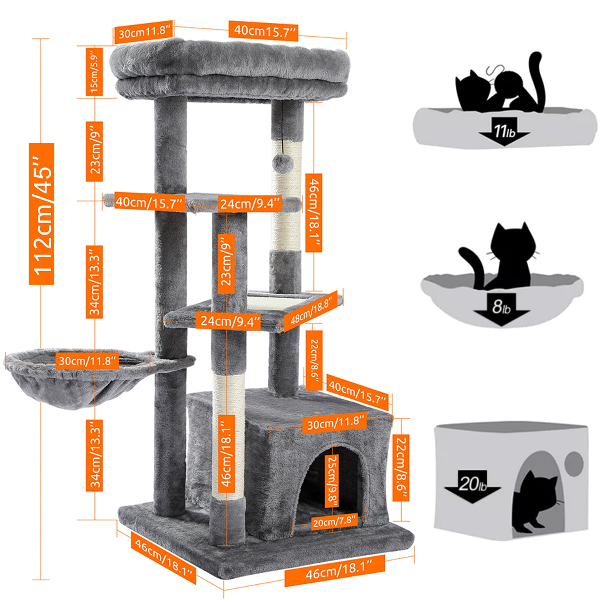 Cat Tree for Large Cats, Multi-Level Cat Tower with Sisal Covered Scratching Posts, Spacious Condo, Cozy Hammock and Plush Top Perch - Image 2