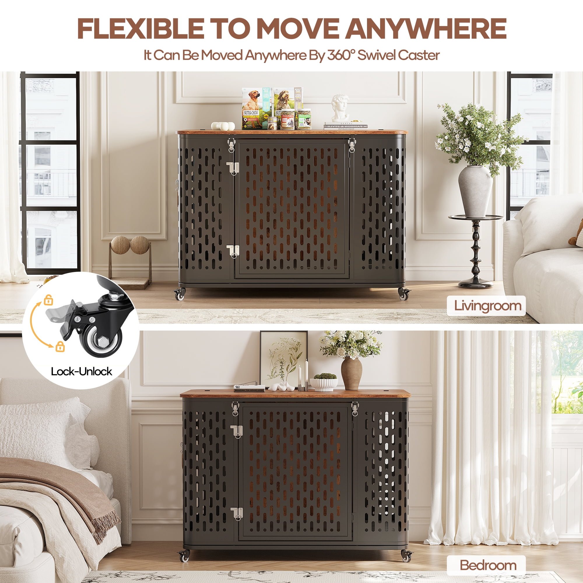 Naipo XL Heavy Duty Dog Crate Furniture, 43.7" Large Metal Dog Kennel, Chew Proof Prevent Escape for High Anxiety Dogs, Indoor Indestructible Dog Kennel, Rustic Brown - Image 6