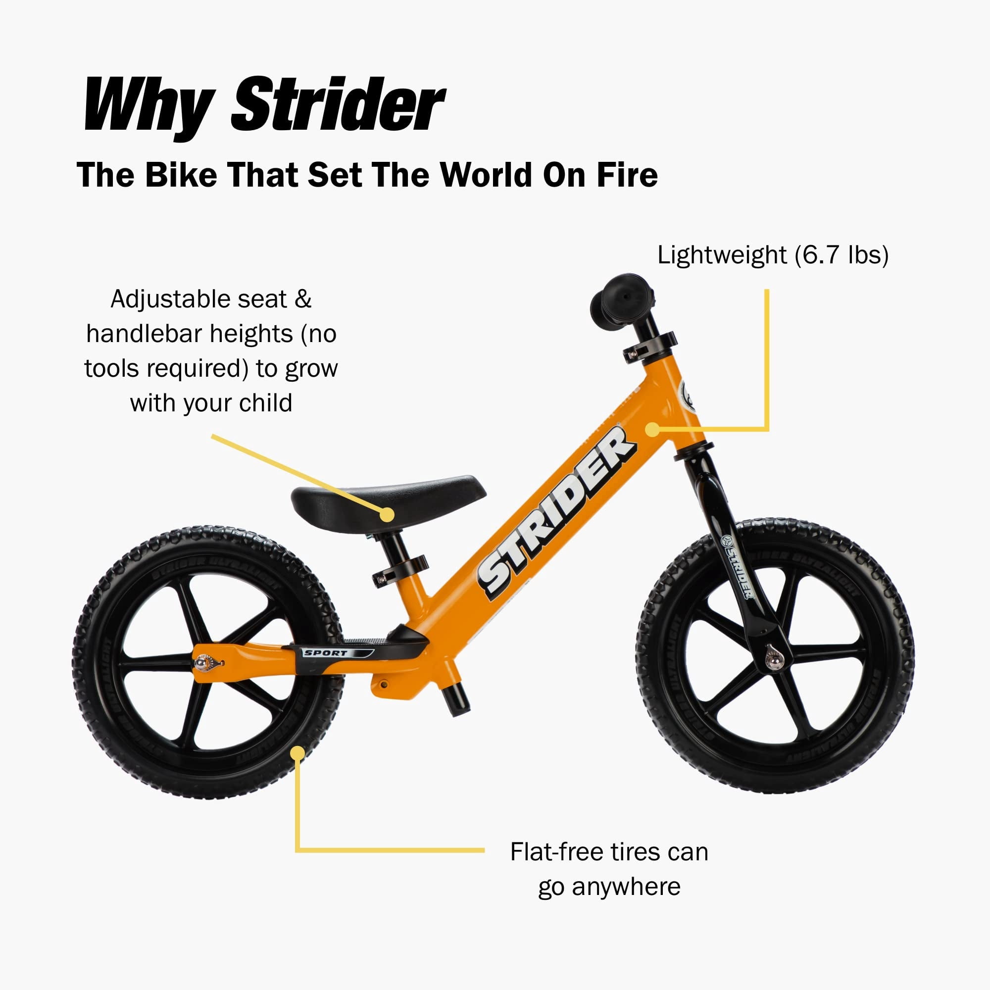 Strider 12” Sport Bike, Orange - No Pedal Balance Bicycle for Kids 1 to 4 Years - Includes Safety Pad, Padded Seat, Mini Grips & Flat-Free Tires - Tool-Free Assembly & Adjustments - Image 5