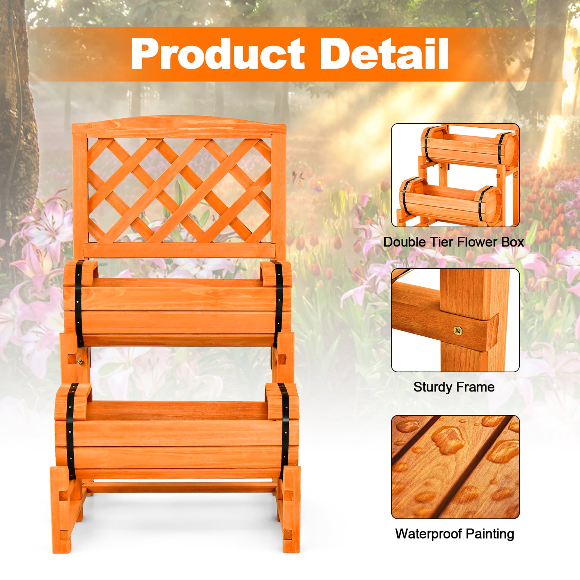 Gymax 2-Tier Wooden Raised Garden Bed Container w/2 Cylindrical Planter Boxes & Trellis - Image 7