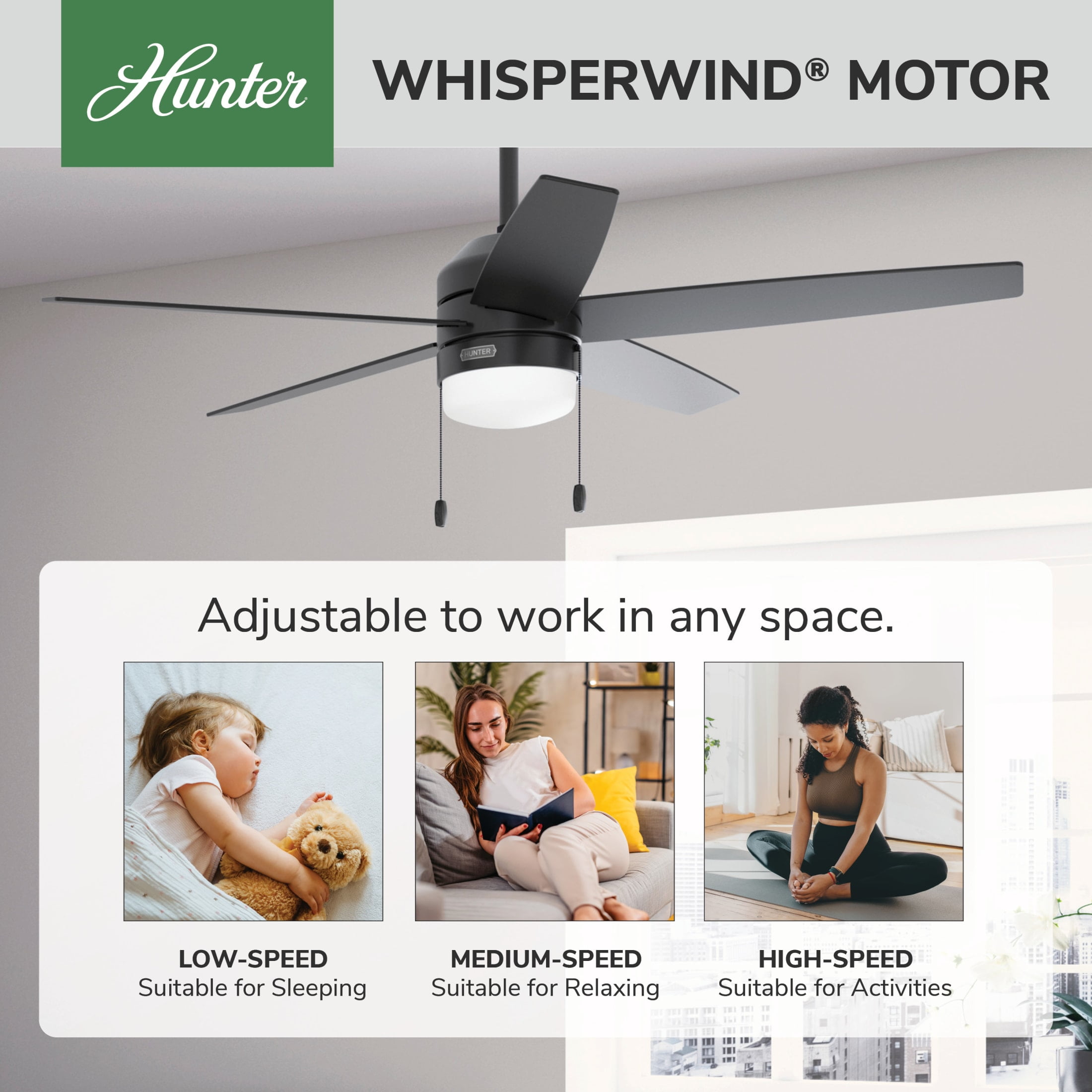 Hunter - Bardot Indoor Ceiling Fan With Light, 52-inch, Matte Black, Modern-style, 3-speed WhisperWind Motor, 52491, for living rooms, bedrooms, home offices, kitchens - Image 4