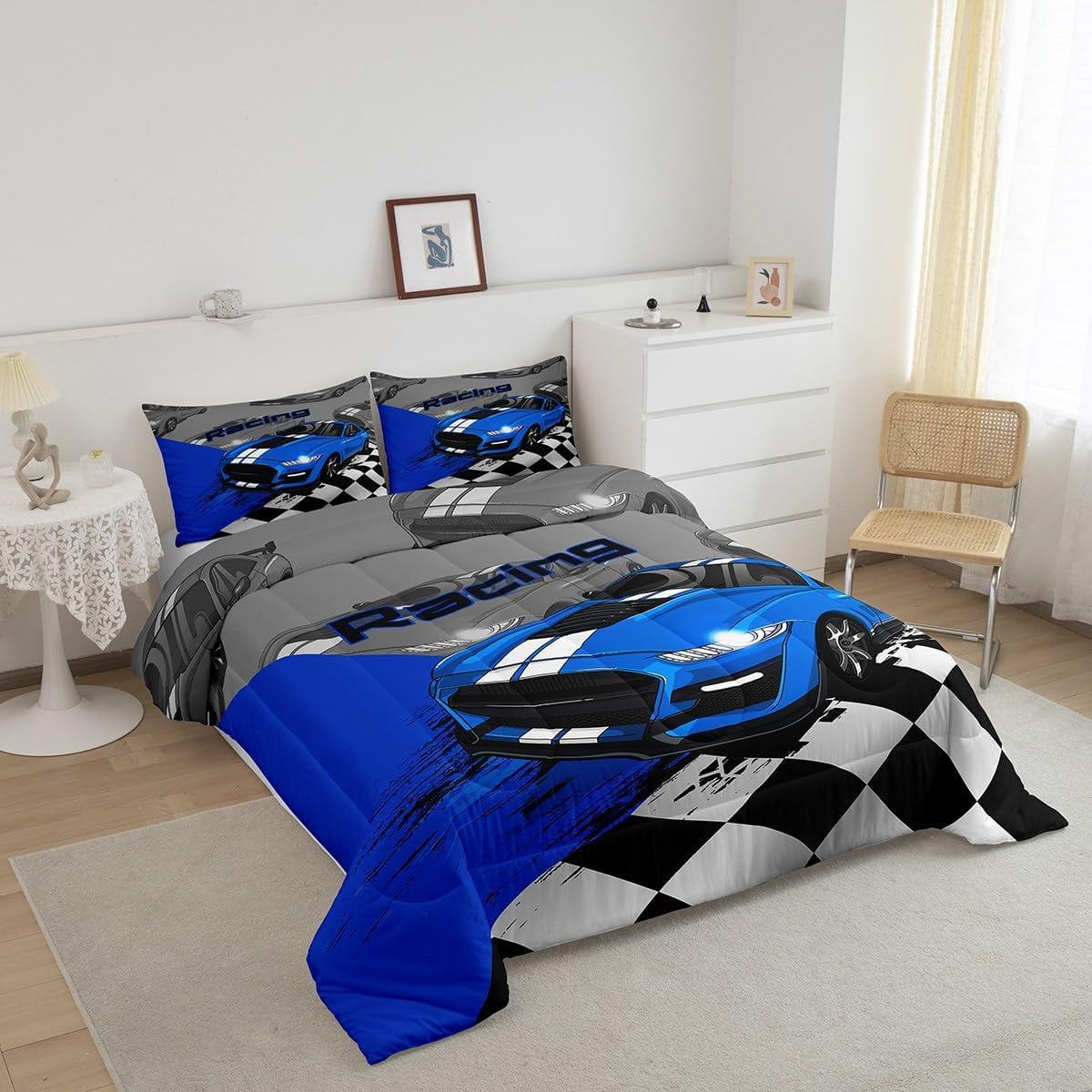 Erosebridal Race Car Bedding Speed Sports Car Twin Bed Comforter Set Teens Blue Cool Car Extreme Sports Comforter Set, Black White Racing Lattice Quilt with 1 Pillowcase - Image 3