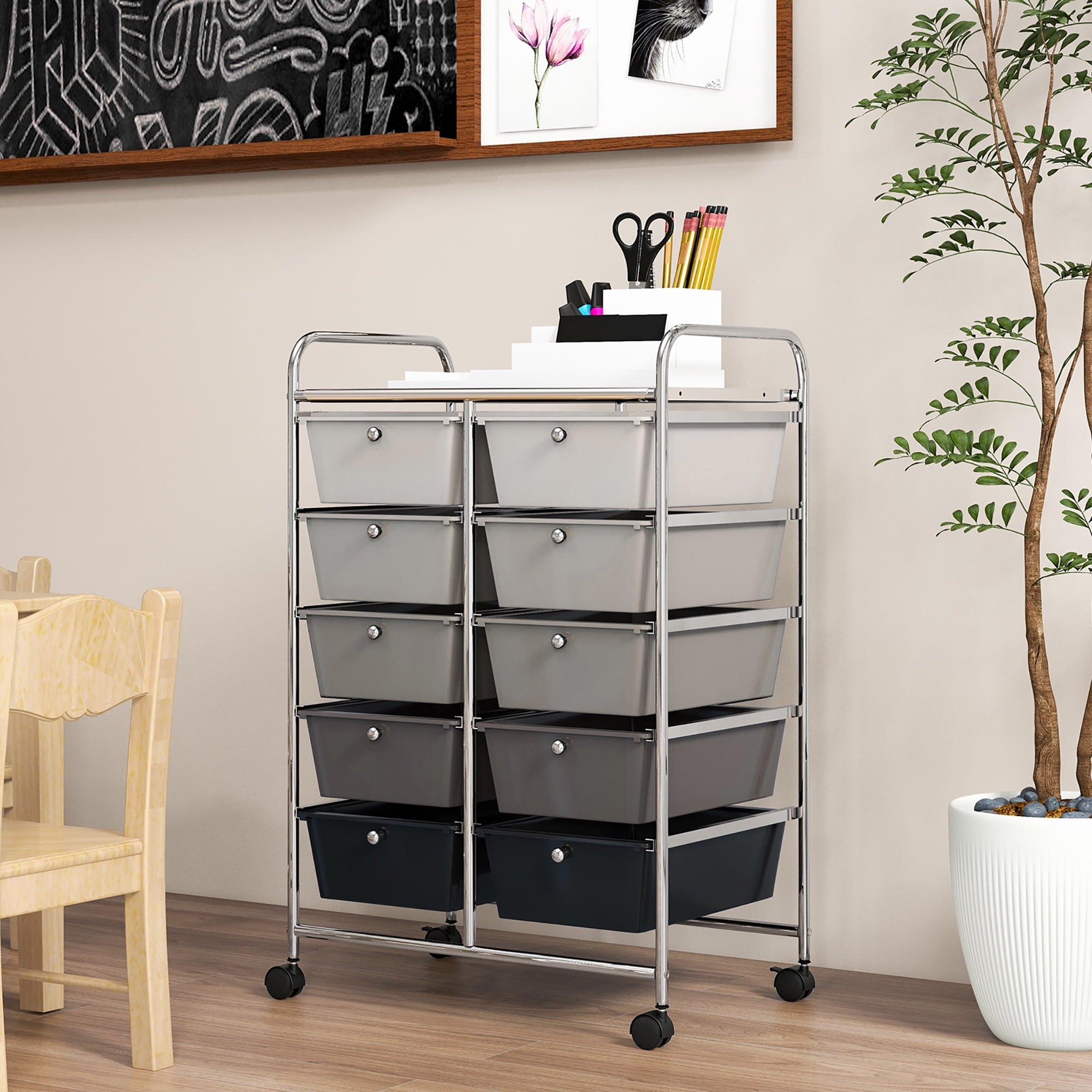 Gymax 10-Drawer Rolling Storage Cart Tools Scrapbook Paper Organizer on Wheels Black Gradient - Image 4