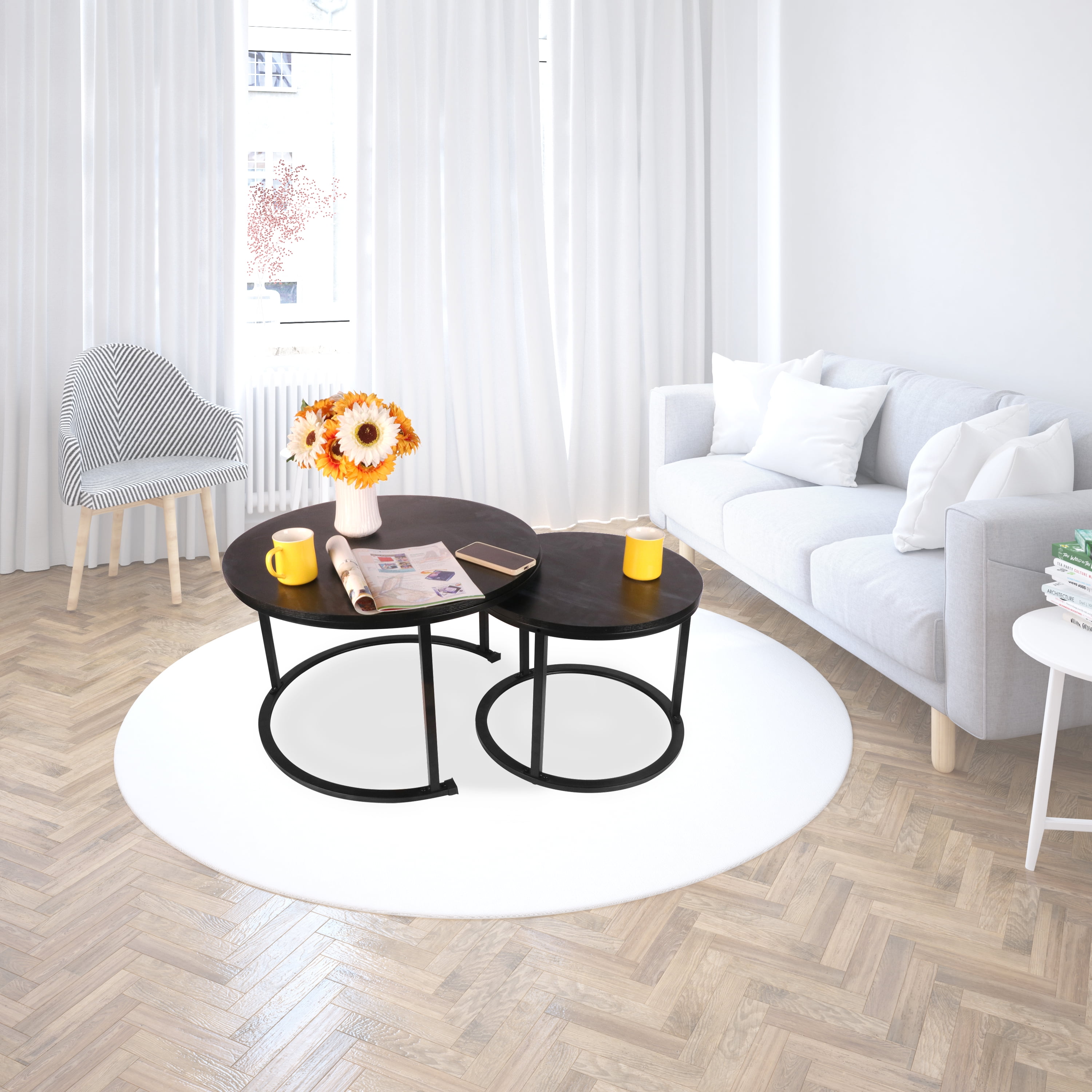 BIGTREE Modern Round Nesting Coffee Table Set 2 Pieces Solid Metal Frame for Home, Black - Image 6