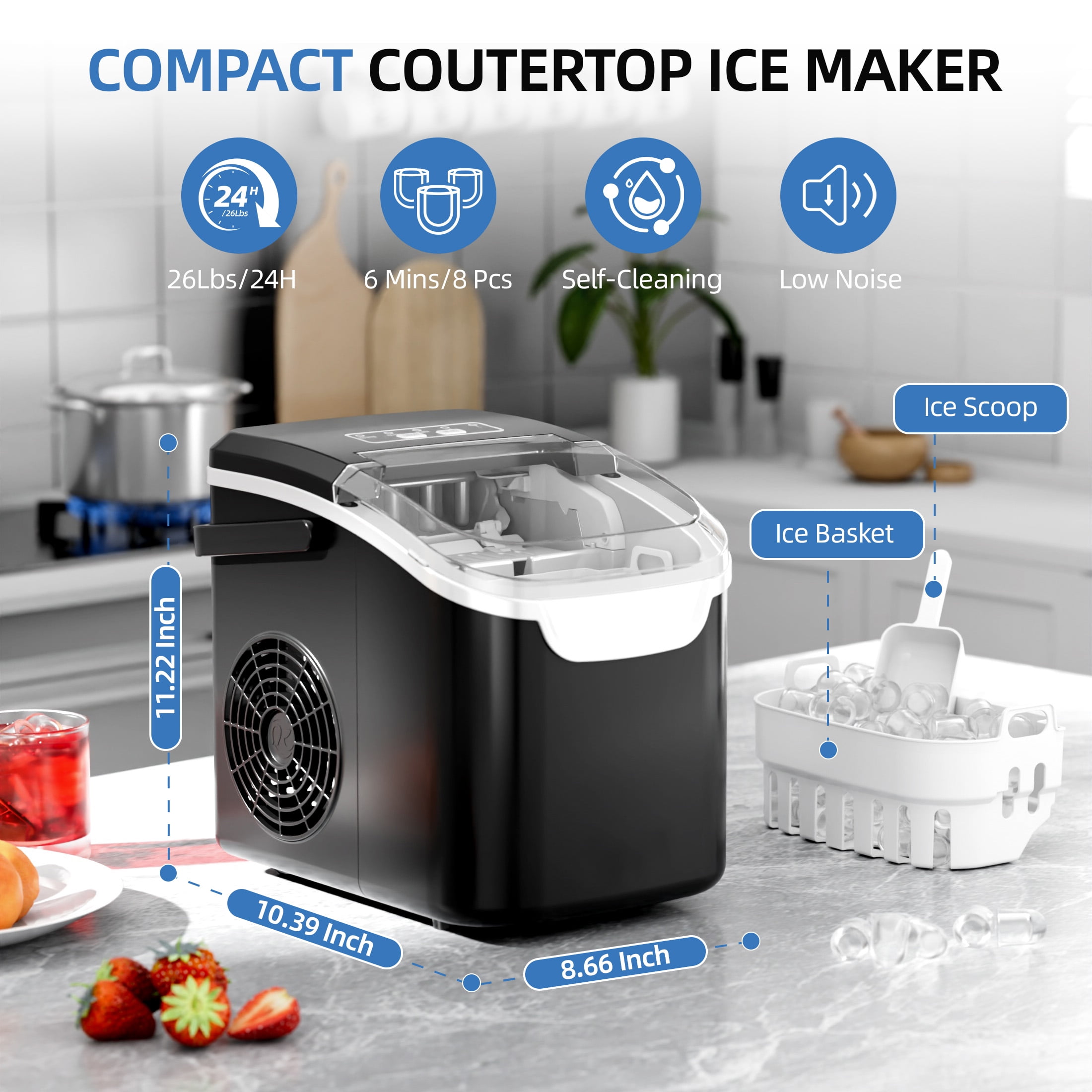Auseo Countertop Ice Maker, 2 Sizes of Bullet Ice, 26Lbs/24H, 8 Ice Cubes in 6 Mins, Portable Ice Machine with Self-Cleaning for Home/Party/Travel/Camping (Black) - Image 5