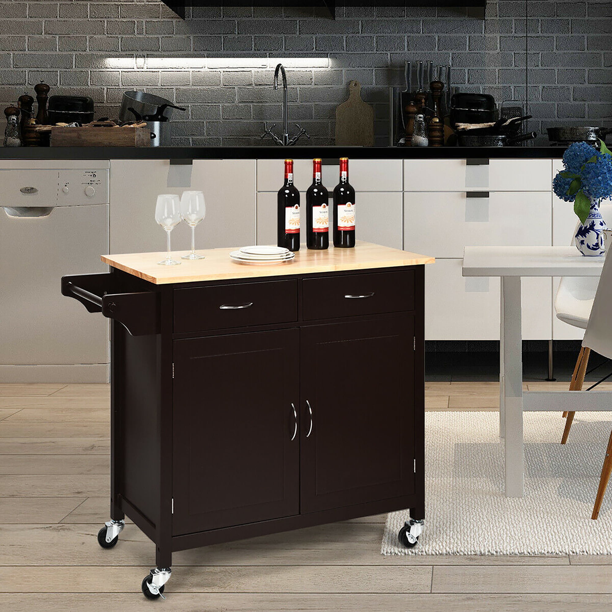 Costway Modern Rolling Kitchen Cart Island Wood Top Storage Trolley Cabinet Utility Brown - Image 5